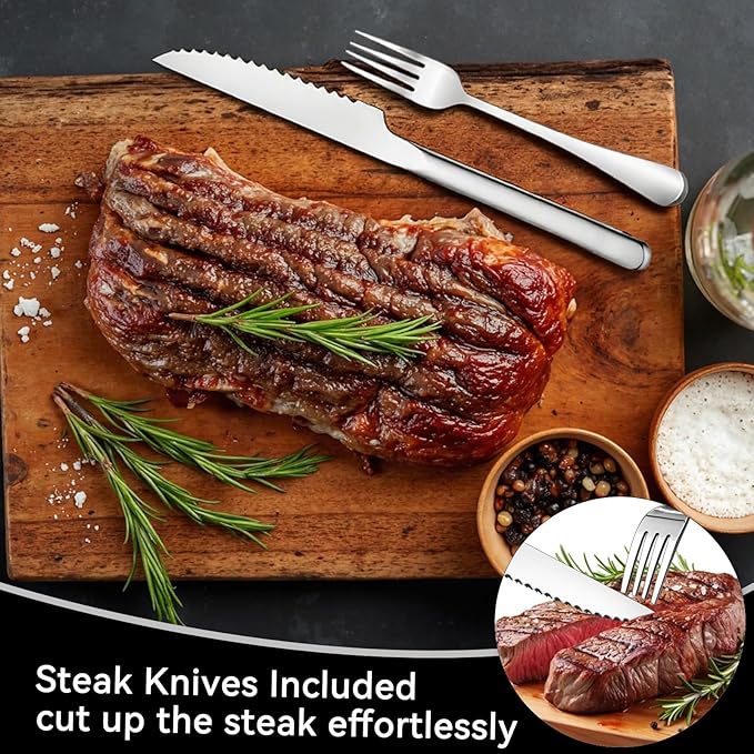 49-Piece Stainless Steel Silverware Set with Cutlery Organizer, Service for 8 with Steak Knives and Kitchen Utensils (49PCS Silverware with Tray)