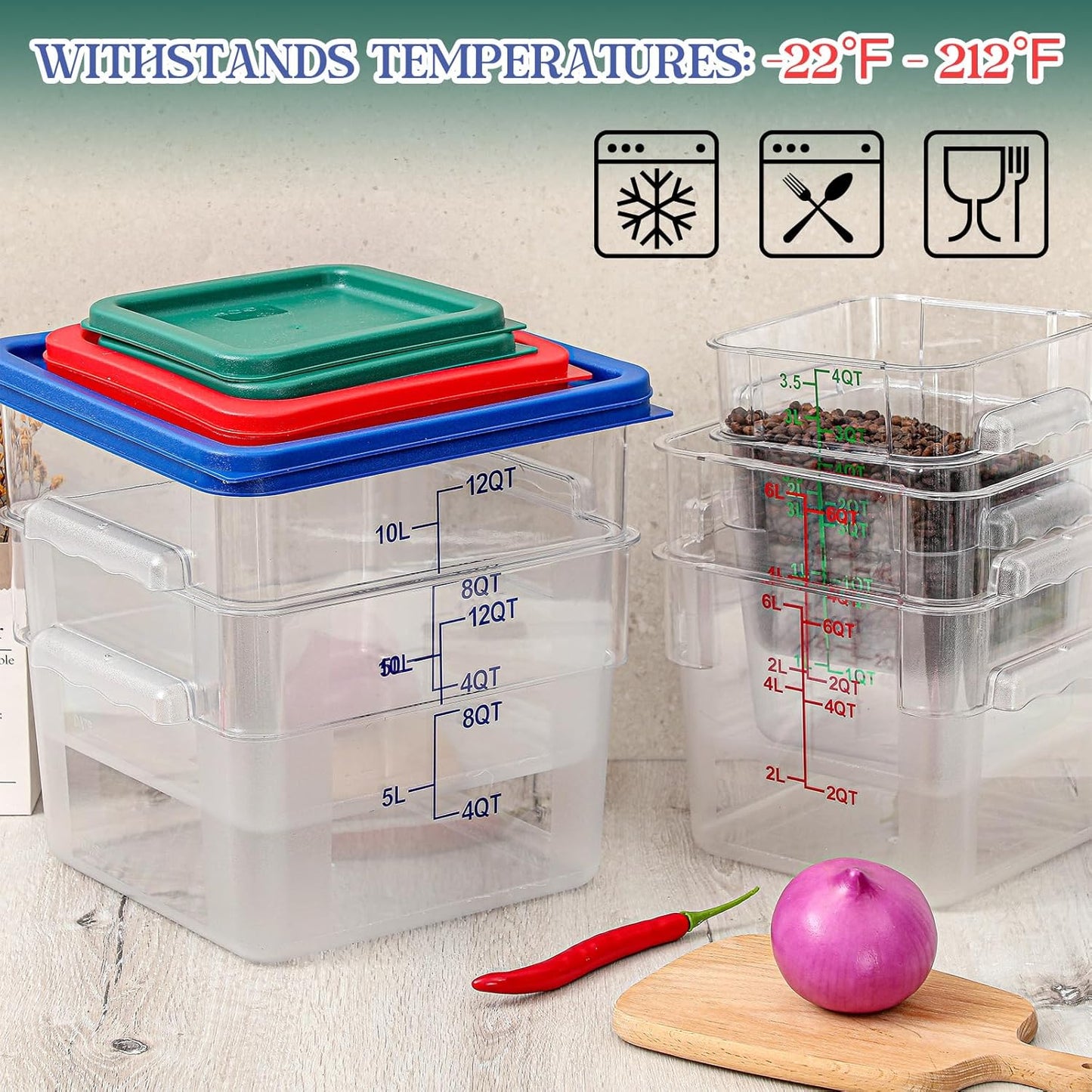 8 Set Square Food Storage Containers with Lid Contains 4 Pcs 6 Qt, 12 Quart and 4 Quart 2 Each, Clear Polycarbonate Commercial Food Storage Container Dough Proofing for Restaurant Home