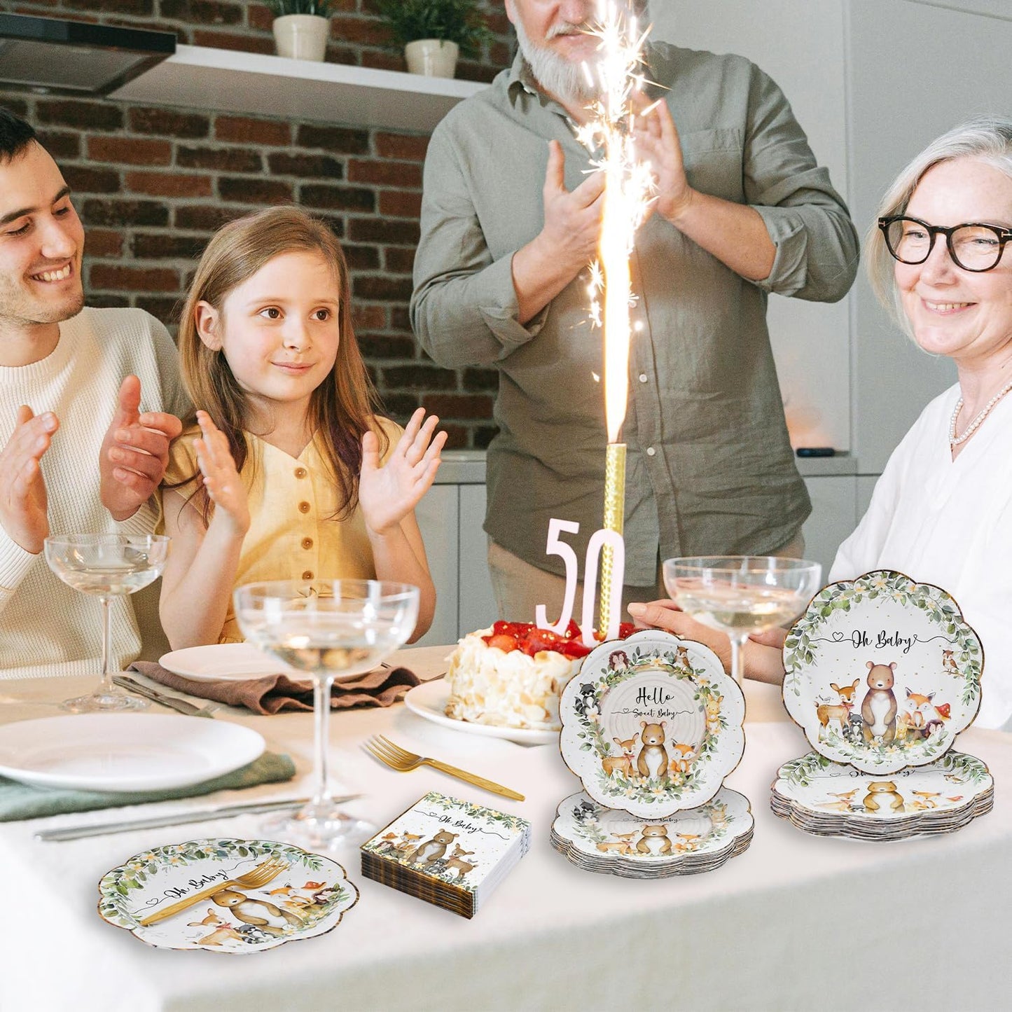 96 Pieces Woodland Baby Shower Tableware Set – Scalloped Forest Animal Disposable Dinnerware with Paper Plates, Napkins, and Forks for Gender Neutral Baby Showers and Birthday Parties – Serves 24