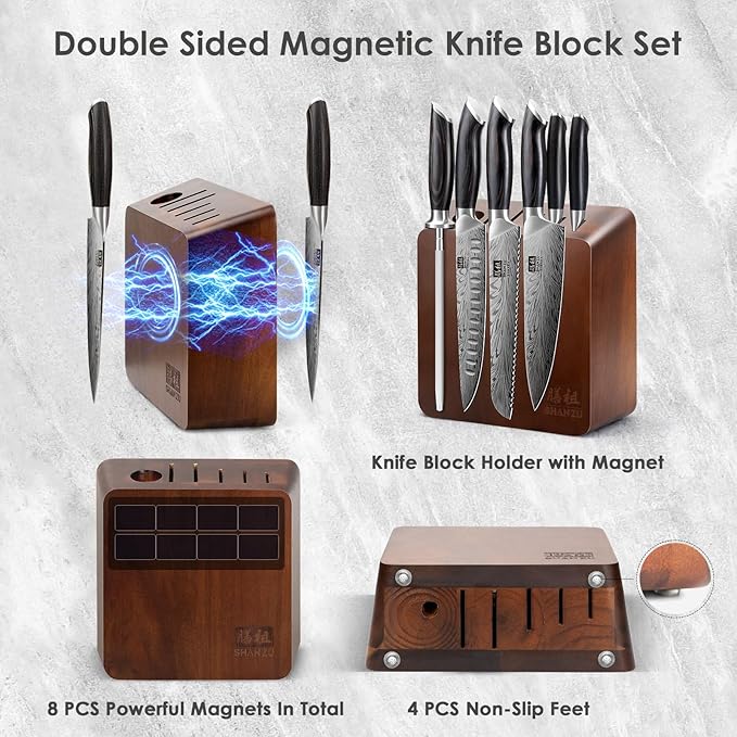SHAN ZU Kitchen Knife Set with Double Sided Magnetic Knife Block, 7PCS Knives Block Sets in Powder Steel Ultra Sharp Japanese Knife Sets with Sharpening Steel Chef Knives Set with Pakkawood Handle
