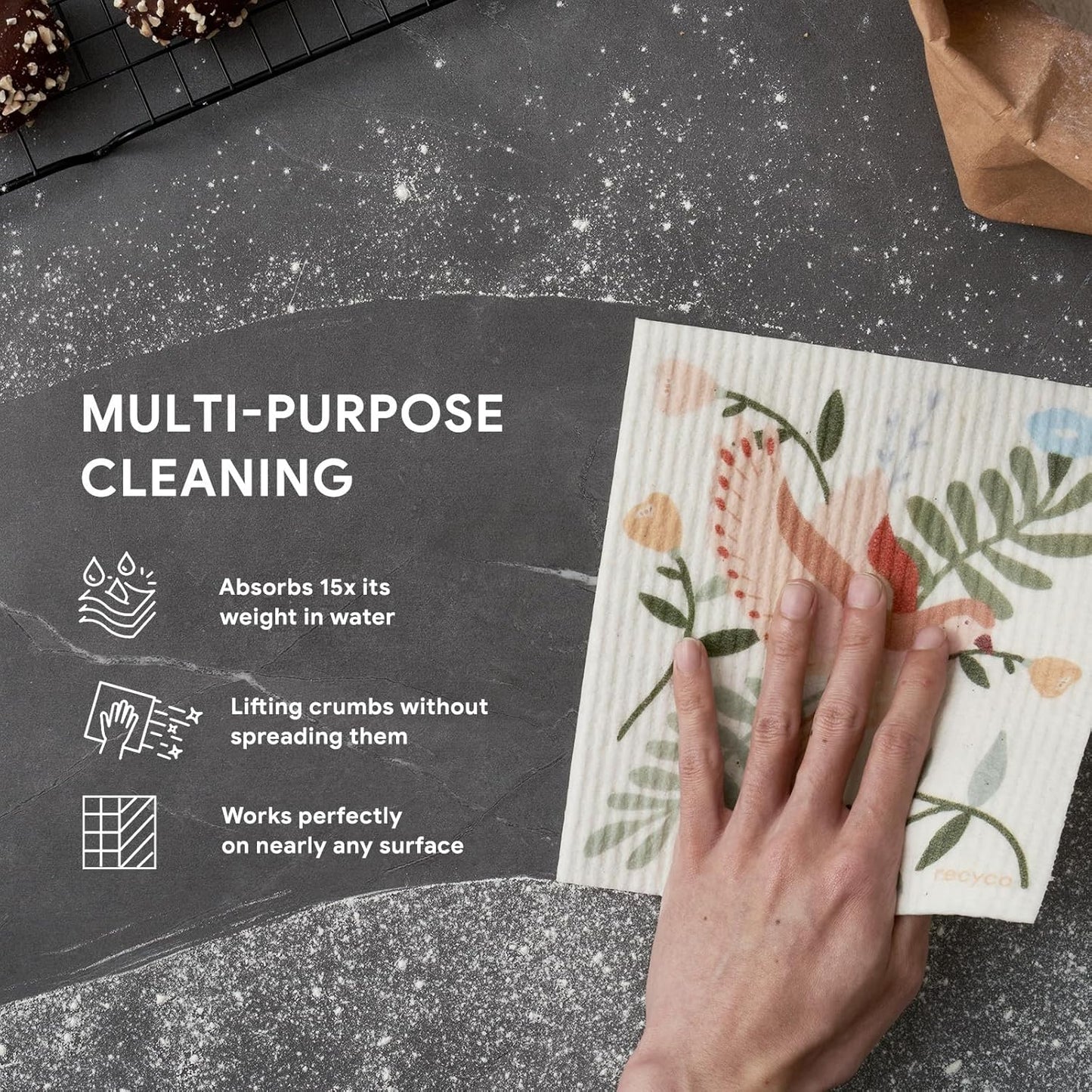 RECYCO Swedish Dishcloths for Kitchen | 6 Pack Birdsong and Blooms Washable Dish Rags | Cellulose Reusable Cleaning Paper Towels | Absorbent Counter Dish Cloth Sponge Kitchen Wipes, 8" L x 7" W