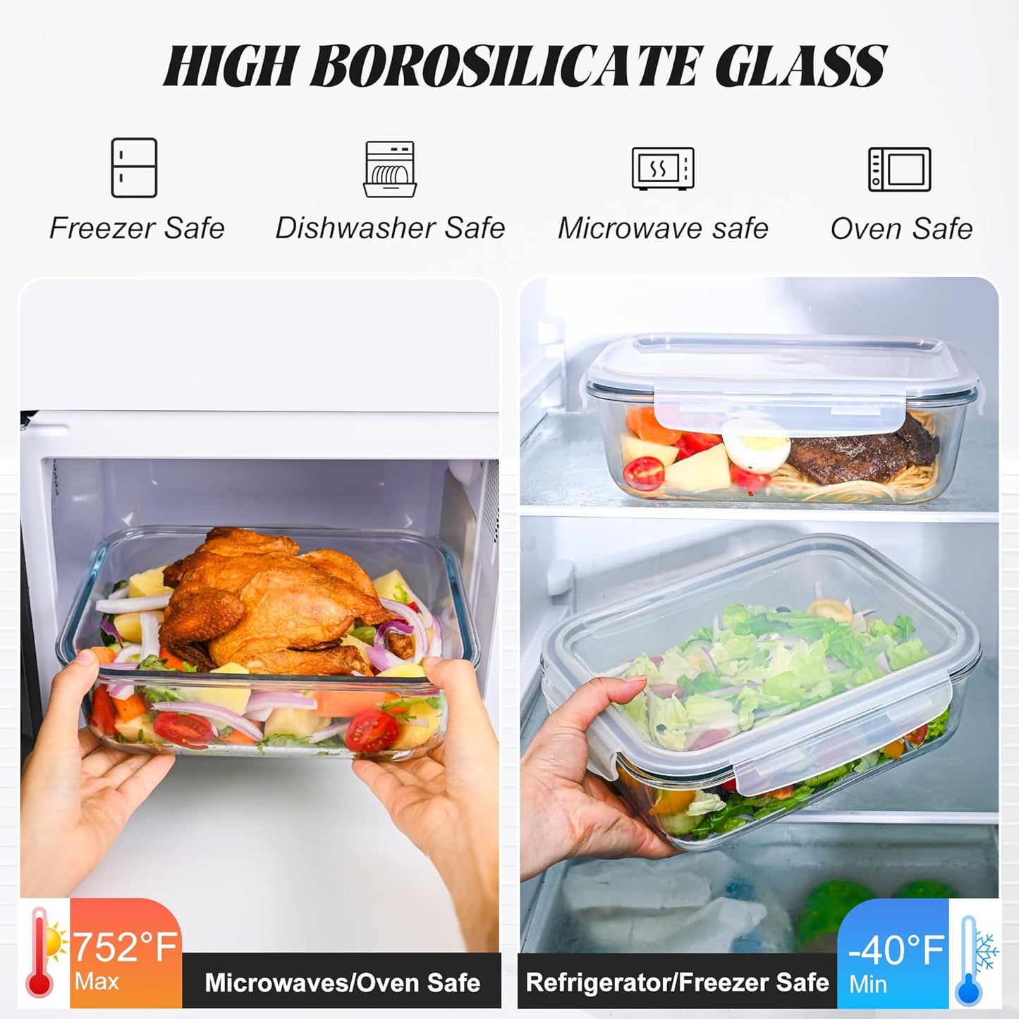 2Pack 9.8 Cups/ 78 Oz Large Glass Food Storage Containers with Lids, Glass Meal Prep Containers with Airtight Lids - BPA Free, Leakproof, Ideal for Food Storing/Serving, Microwave/Oven Safe