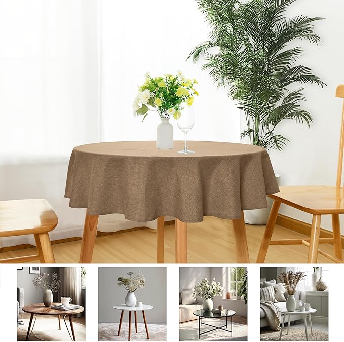 JIUZHEN Round Textured Table Cloth Linen Wrinkle Free Stain Resistant Farmhouse Decorative Circular Tablecloth for Kitchen, Dining, Party, Wedding, Outdoor Use (30 Inch Round,Khaki)