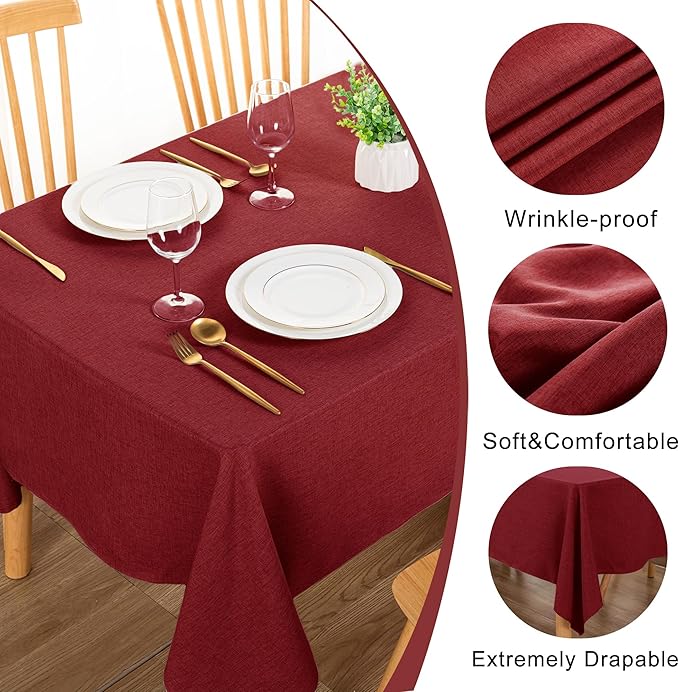 DWCN Table Cloth Rectangle - Faux Linen Fabric Waterproof Spill-Proof Wrinkle and Stain Resistant Tablecloths Decorative Farmhouse Table Cover for Kitchen Dining Party, 60 x 84 Inch, Red