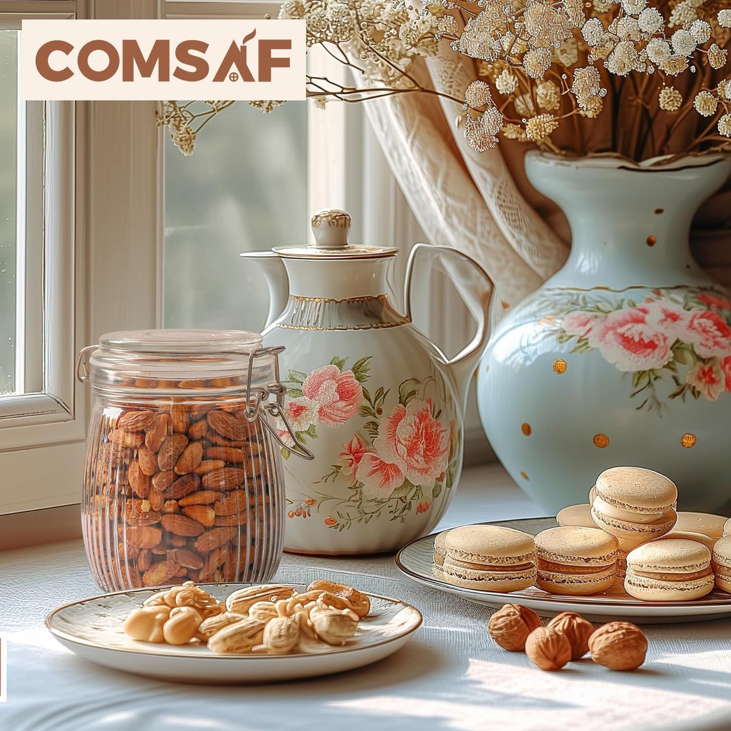 ComSaf Airtight Glass jar with lid 25oz Set of 6, Glass Storage Containers with Lids, Glass Canister, Mason Jars, Striped Clip Fastening Jar for Kitchen Canning, Oat, Coffee, Pasta, Snack, Nut, Candy