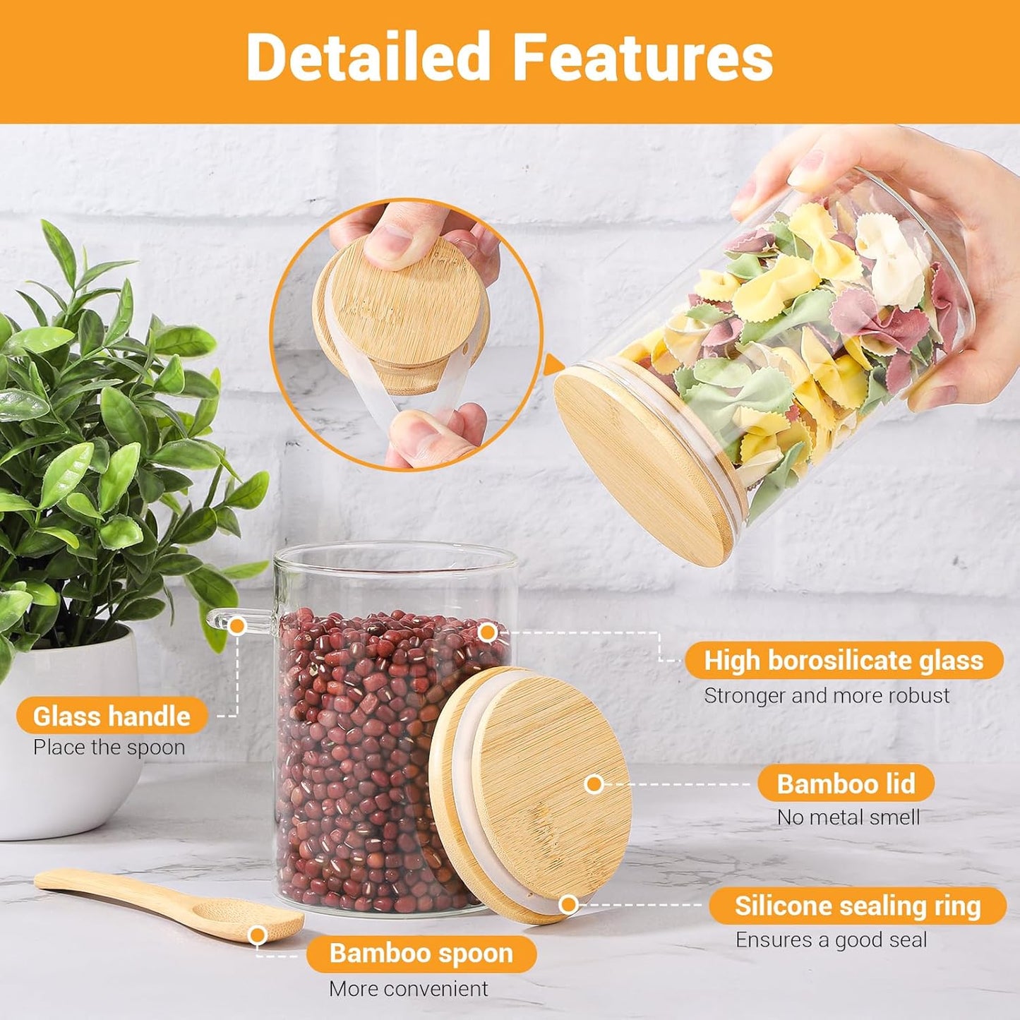 Glass Containers with Bamboo Lids and Spoon - 2 Pack 18 Fl.oz Glass Jar with Airtight Lids Set, Includes Labels and Marker, Pantry Storage Jars for Tea, Sugar, Coffee Bean, Cookie, Salad, Nuts