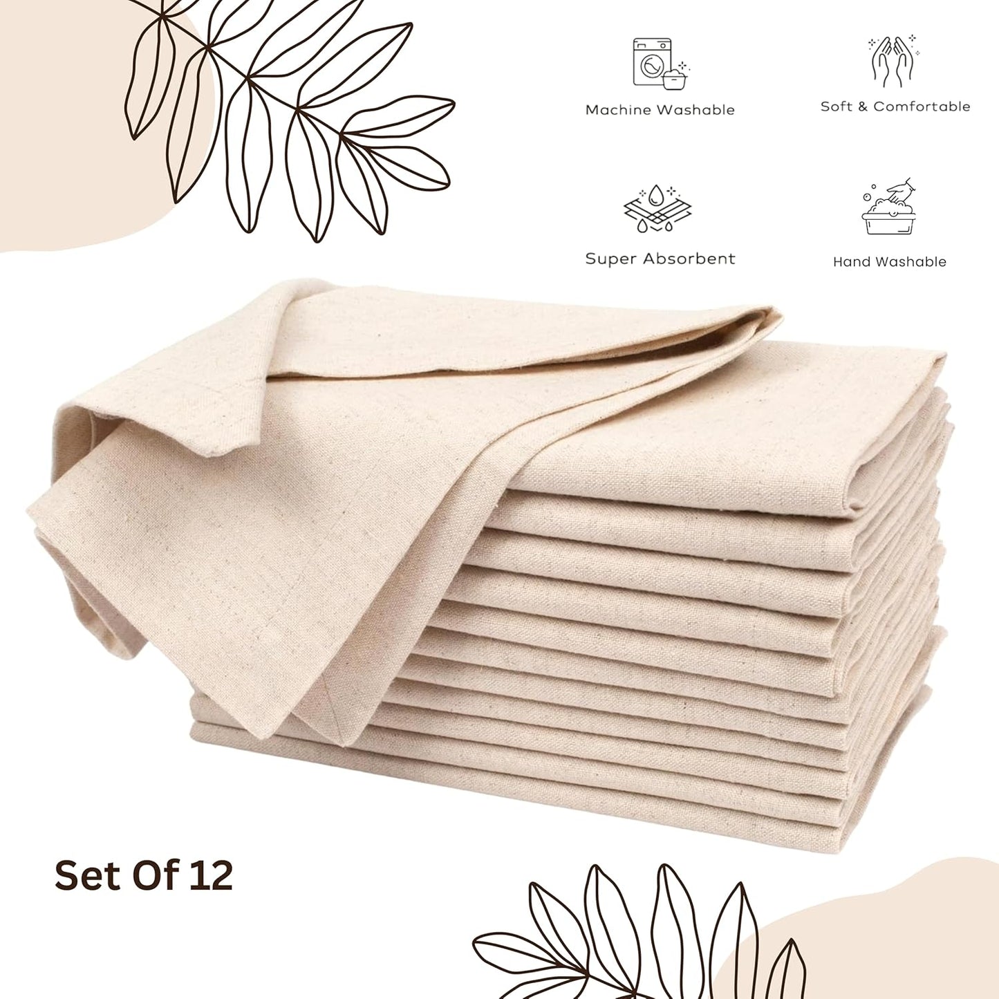 Flax Linen Cotton Cloth Napkins Set of 12-18x18 inch Dinner Napkins, Machine Washable, Soft & Durable for Home, Restaurants, Events - Natural Color