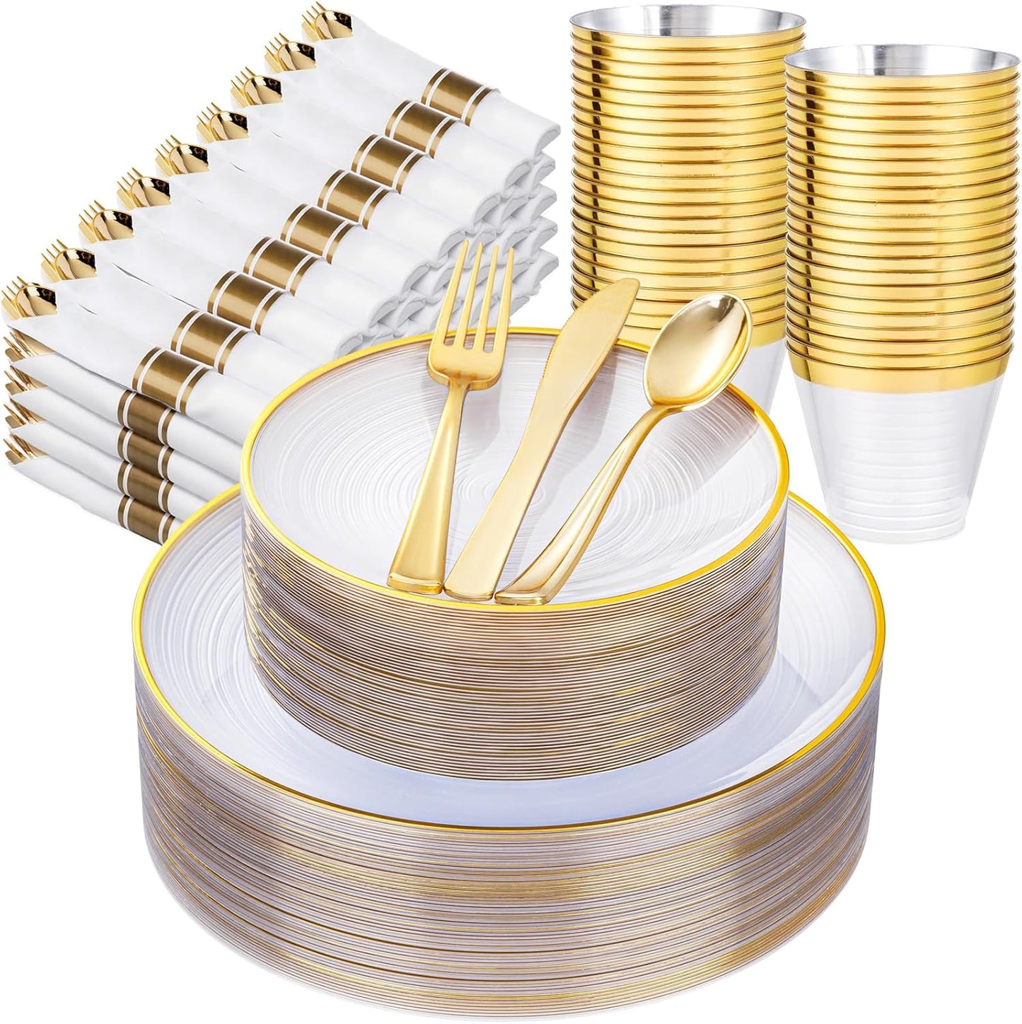 Morejoy 350PCS Clear Gold Plastic Plates - Disposable Gold Party Plates & Pre Rolled Napkins with Cutlery for 50 Guests, 100Plates, 150Silverware, 50Cups, 50Napkin for Party & Thanksgiving