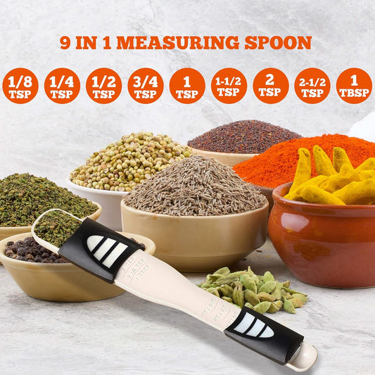 Performore Adjustable Measuring Spoon with Double End Adjustable Scale, 9 Stalls All in One Measuring Spoon, Wide Range of Measurements - Dry and Semi-Liquid Ingredients for Baking, Cooking