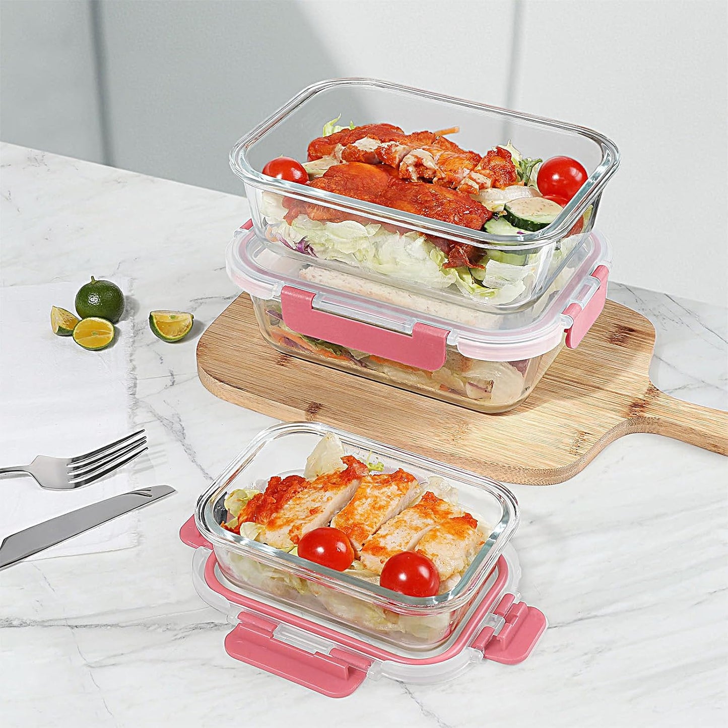 BAYZZ 10 Pack Glass Meal Prep Containers, Glass Food Storage Containers with Lids, Airtight Lunch Box, Freezer,Oven,Microwave and Dishwasher Safe,Pink