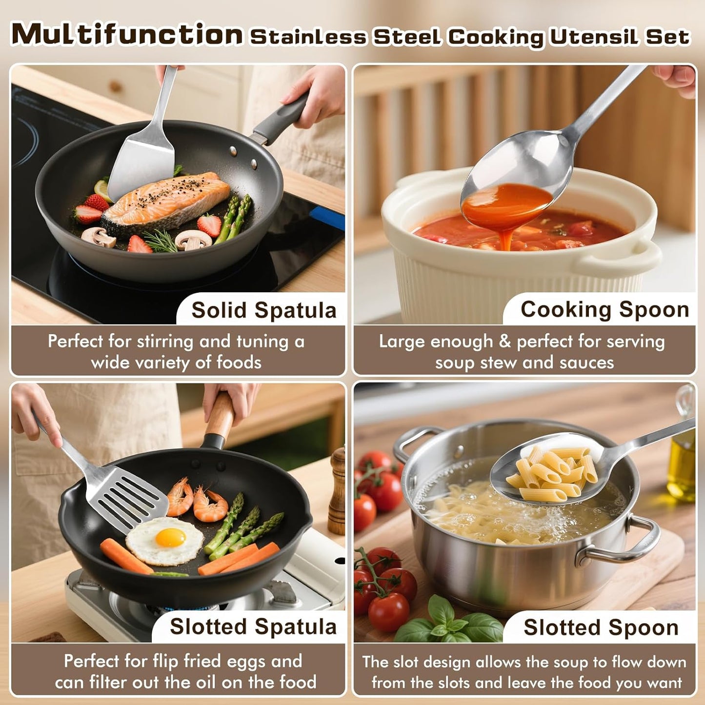 2 Pcs Spoons Cooking Utensils Set, Stainless Steel Kitchen Utensils, Heat Resistant Metal Kitchen Tools Include Solid & Slotted Serving Spoon, Ergonomic Handle, Dishwasher Safe, Easy to Clean, Silver