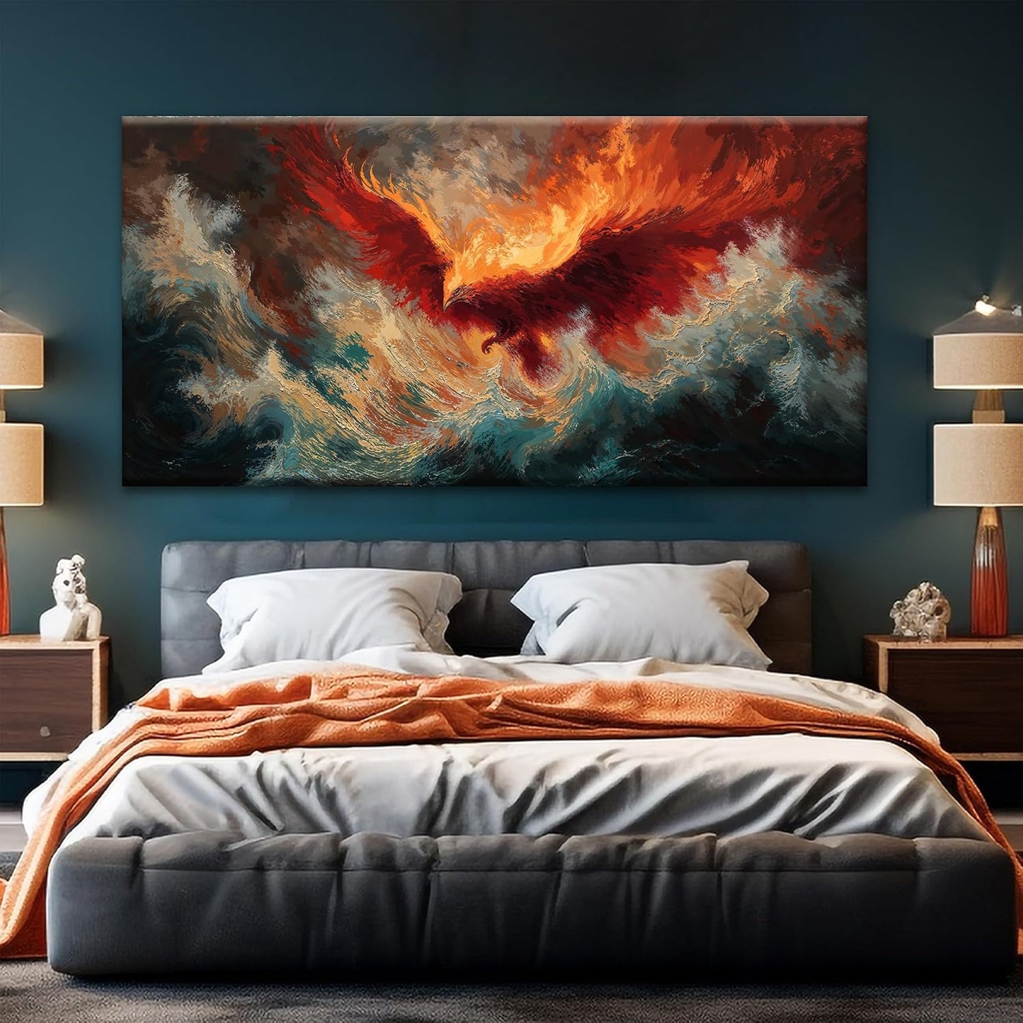 Large Wall Art Living Room Decor Red Retro Fire Phoenix Artwork Ready To Hang Room Wall Decor Abstract Wall Art For Bedroom Kitchen Office Modern Canvas Prints 29x58 Inch
