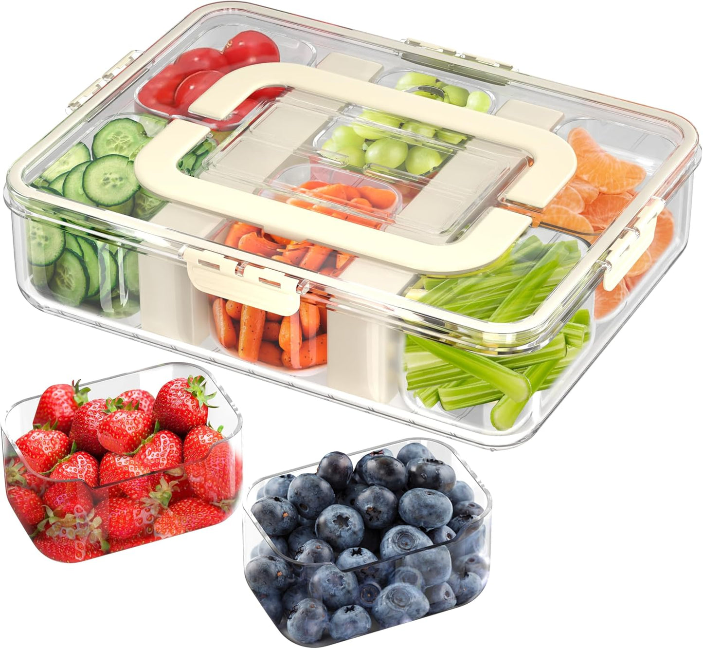 LEVANI Snack Box Container – (8) Clear & Stain Free Compartments, Extra Strong Handle - (2) Ice Packs to Preserve Freshness, Divided Serving Tray w/Lid, Transparent Storage Organizer, Snackle Boxes