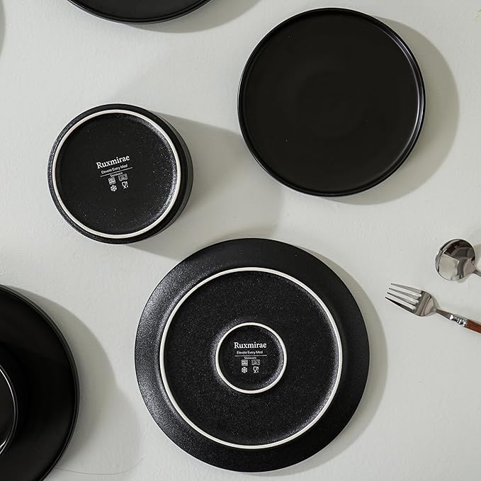 6 Piece Ceramic Dinnerware Set for 2, Modern Minimalist Stoneware Dinner Plates and Bowls, Microwave Safe, Dishwasher Safe, Versatile for All Seasons, Matte Black