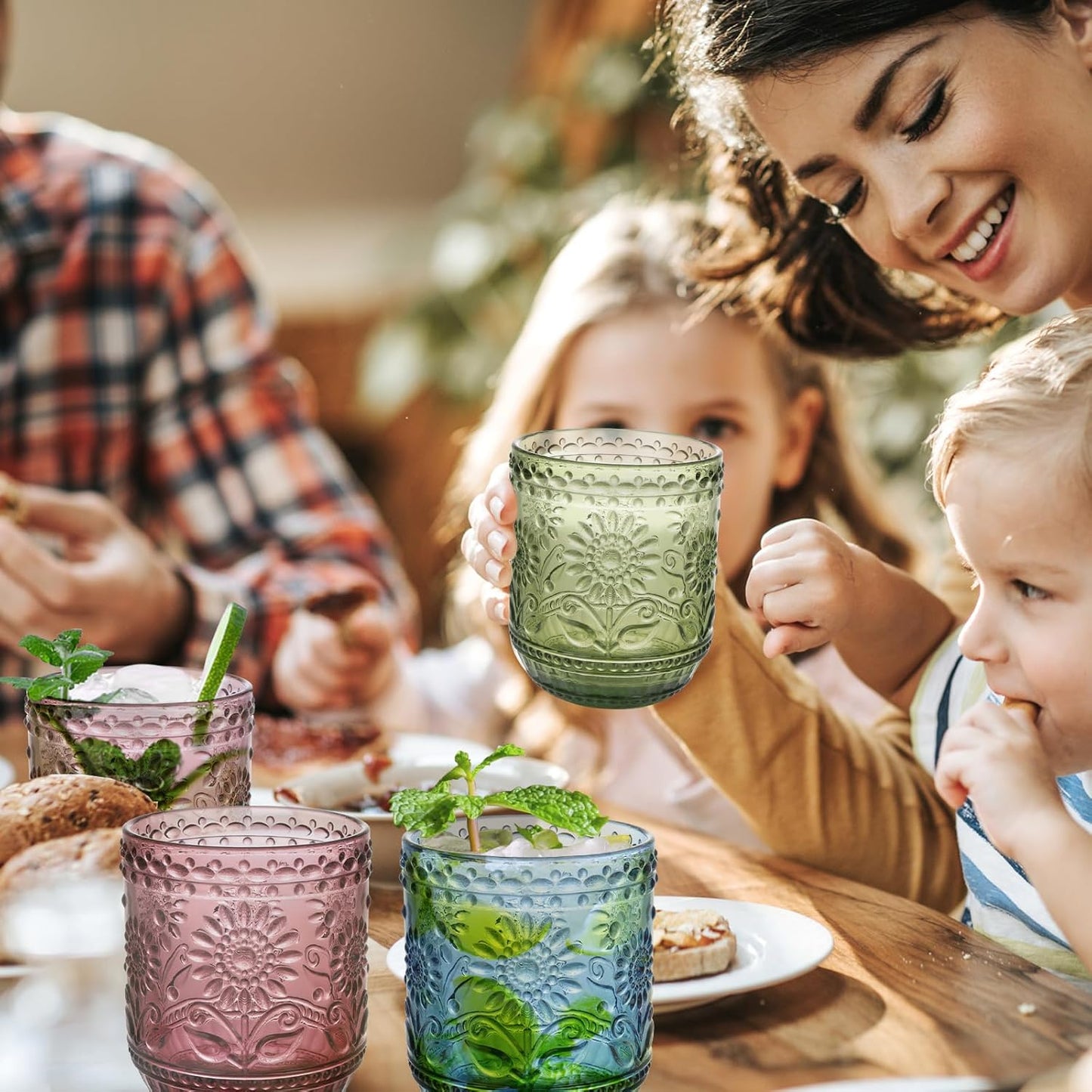 Glass Cups, Vintage Glassware Drinking Glass Set of 6, 12oz Colored Glassware with Sunflower Design, Embossed Floral Decorative Glasses Drinking Set for Cocktail, Wine, Vintage Drinking Glasses