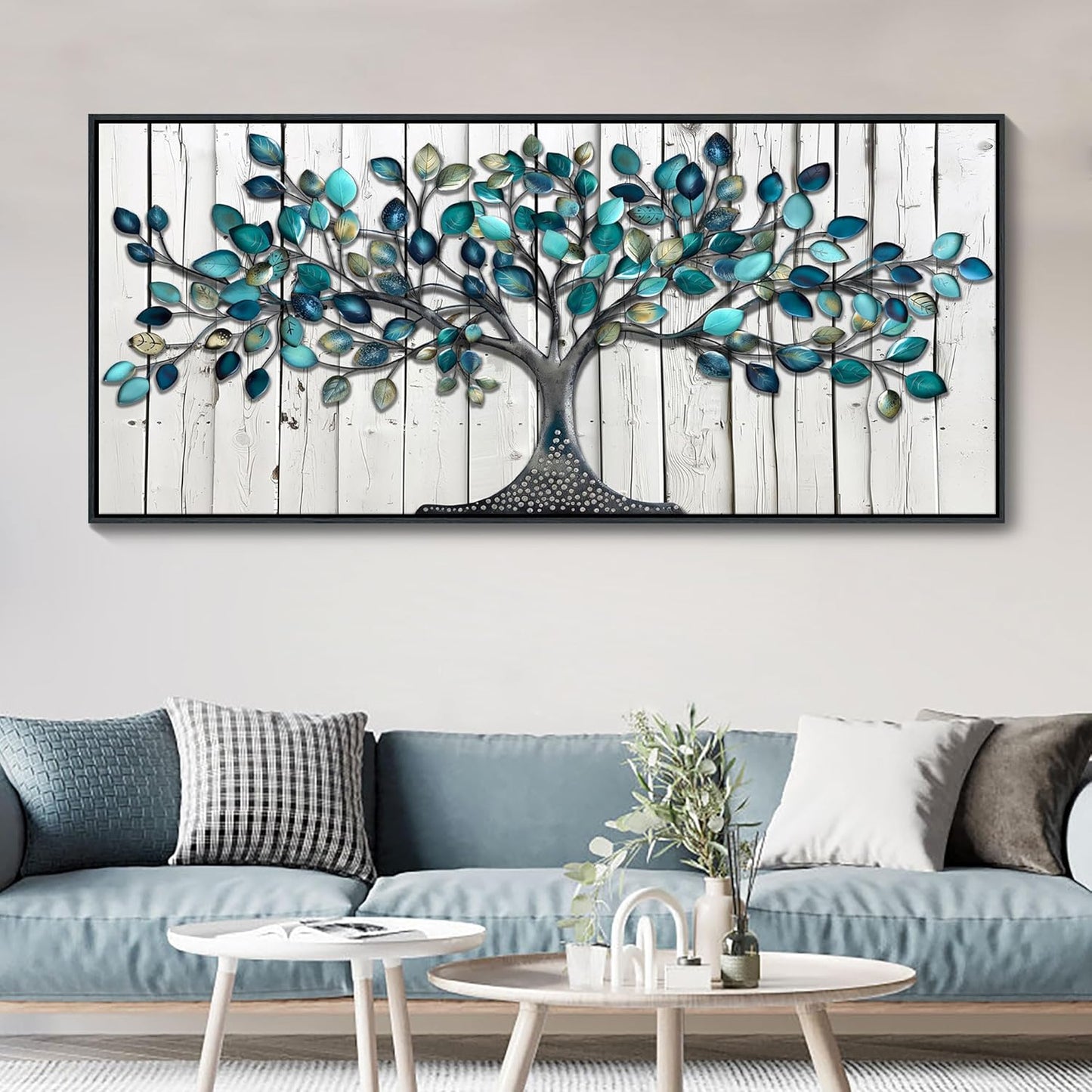 CHATYOUNG Large Trees Wall Art - Teal Leaves Gray Wood Texture Background Paintings Abstract Tree of Life Pictures Artwork for Living Room Bedroom Office Kitchen Home Decor 71"x32"