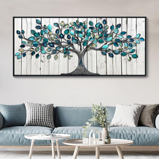 CHATYOUNG Large Trees Wall Art - Teal Leaves Gray Wood Texture Background Paintings Abstract Tree of Life Pictures Artwork for Living Room Bedroom Office Kitchen Home Decor 71"x32"