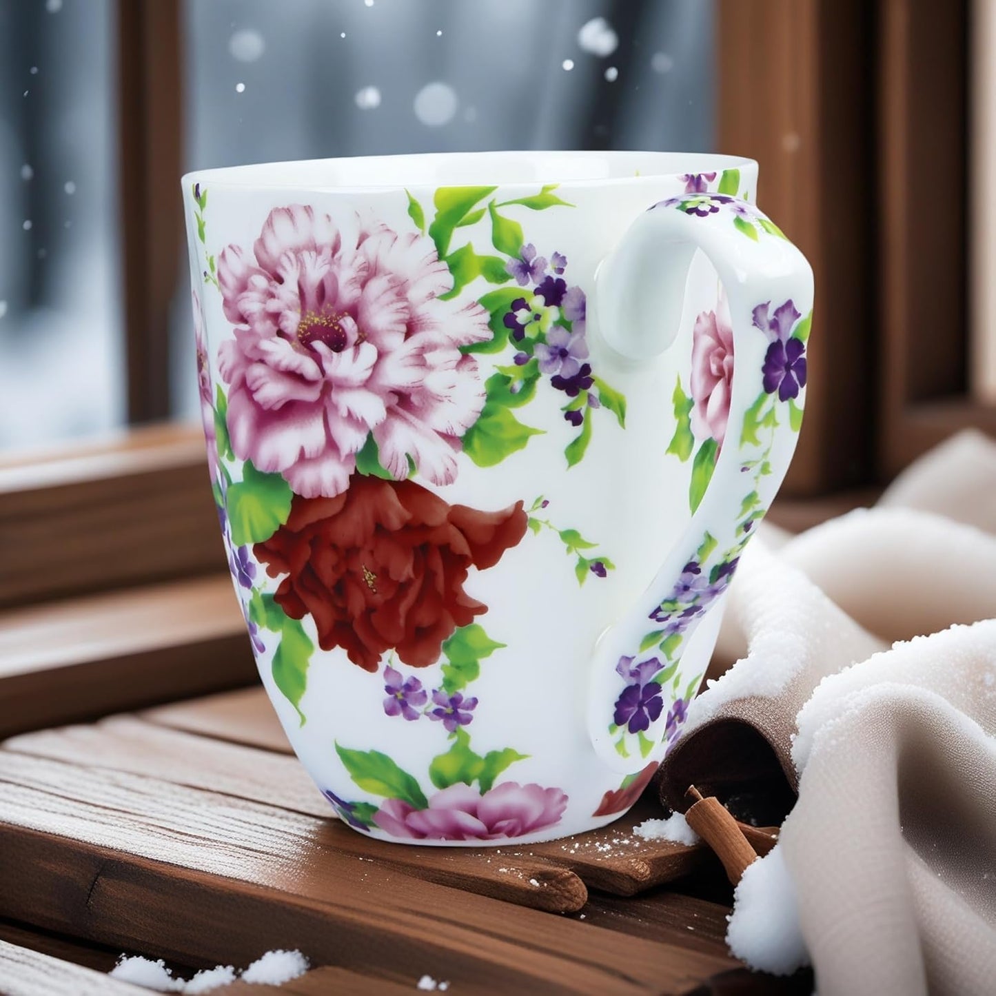 14oz Cute Coffee Mugs for Women Cute Mugs Bone China Floral Coffee Mug Teacups for Mom Women Birthday Gifts Christmas Gifts (white background floral)