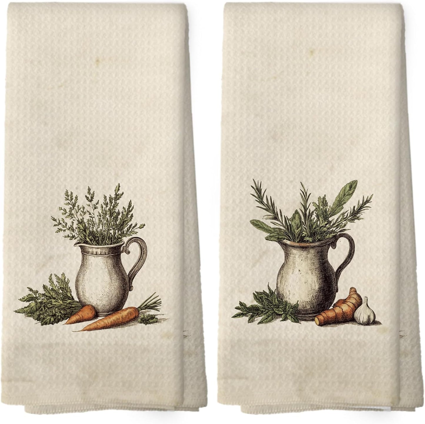Vintage Country Kitchen Herbs Kitchen Towels Set of 2,Farmhouse Kitchen Decor Hand Towel, Carrot Ginger Garlic Still Life Food Decorative Tea Towel Dish Towels 16x24 Inch