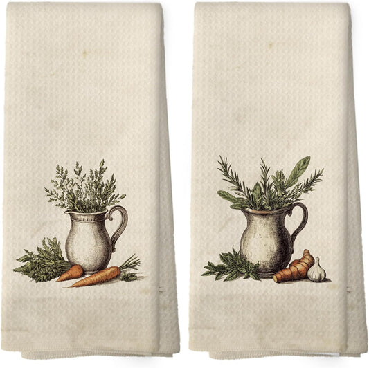 Vintage Country Kitchen Herbs Kitchen Towels Set of 2,Farmhouse Kitchen Decor Hand Towel, Carrot Ginger Garlic Still Life Food Decorative Tea Towel Dish Towels 16x24 Inch