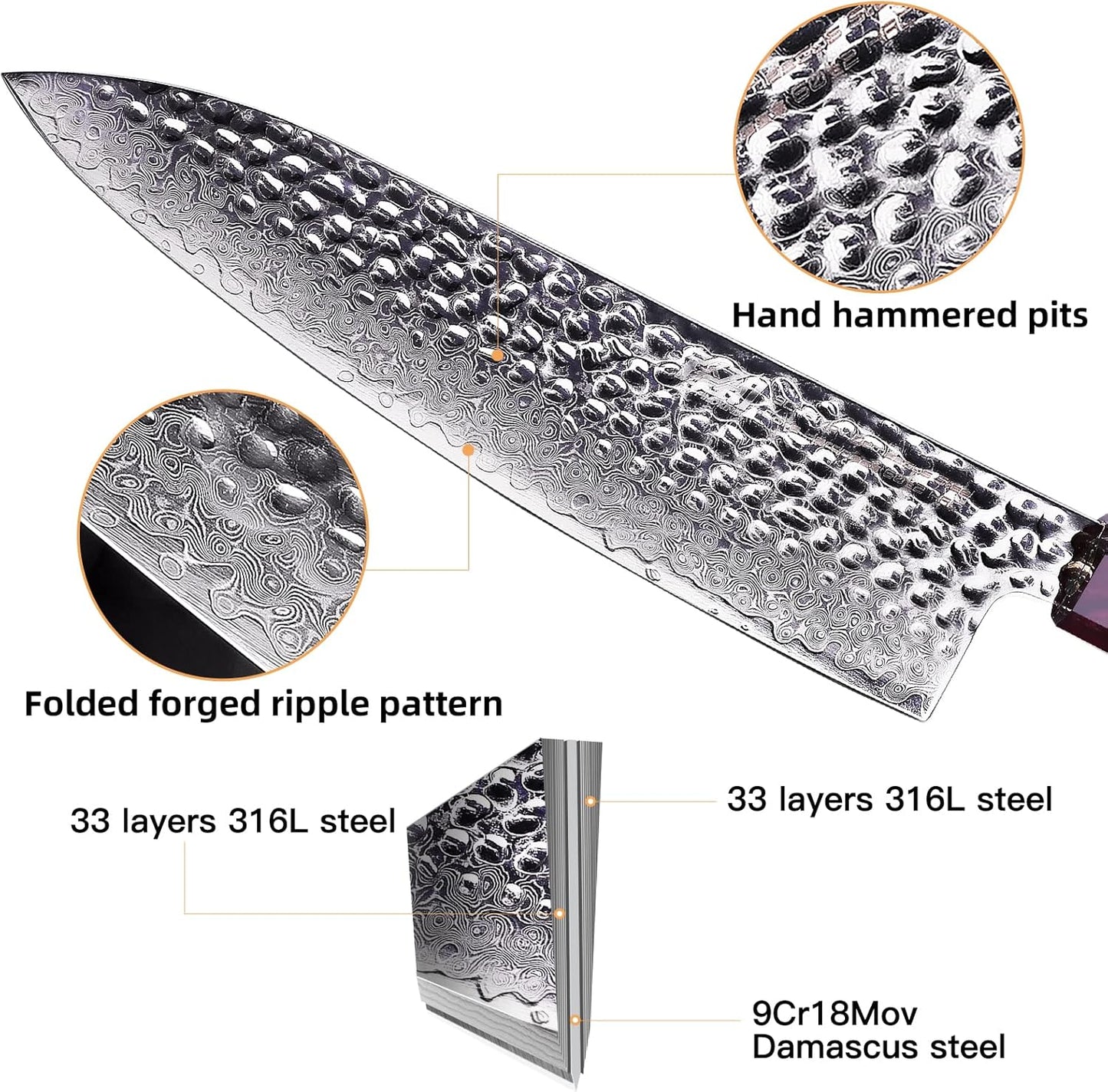 FINDKING Eternity Series Japanese Chef Knife with ABS sheath, Professional Kitchen Knife, 9Cr18MoV Damascus Steel Blade, Resin Octagonal Handle, Sharp, for Meat Cutting, 8 Inches