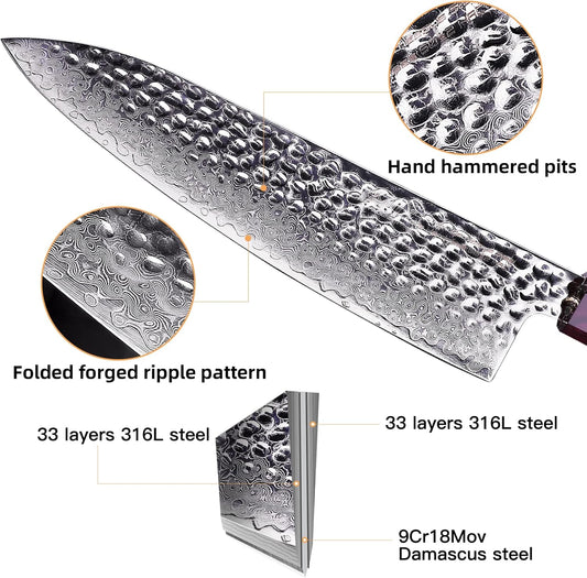 FINDKING Eternity Series Japanese Chef Knife with ABS sheath, Professional Kitchen Knife, 9Cr18MoV Damascus Steel Blade, Resin Octagonal Handle, Sharp, for Meat Cutting, 8 Inches