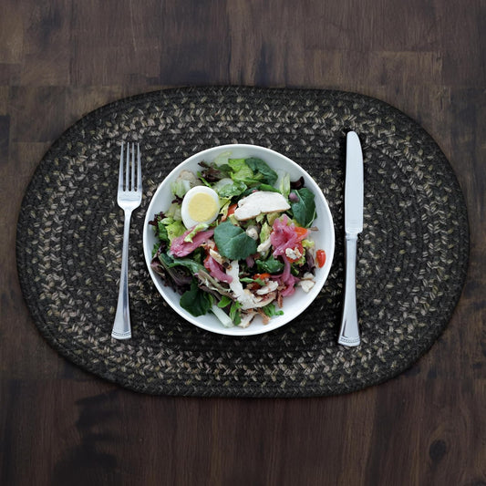 Homespice Jet Black Braided Oval Placemats, Warm Primitive Decor, Set of 6, 13x19 Jute Table Mats - Vibrant Colors, Durable, Easy to Clean and Protects Furniture