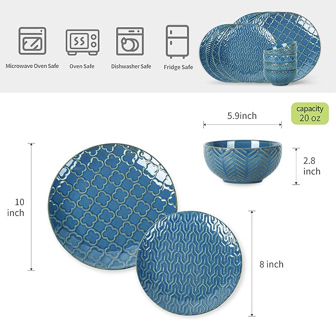 Sureasy 12-Piece Ceramic Dinnerware Set for 4 - Embossed Plates and Bowls Sets, Scratch Resistant Dish Set, Microwave, Oven & Dishwasher Safe, Blue
