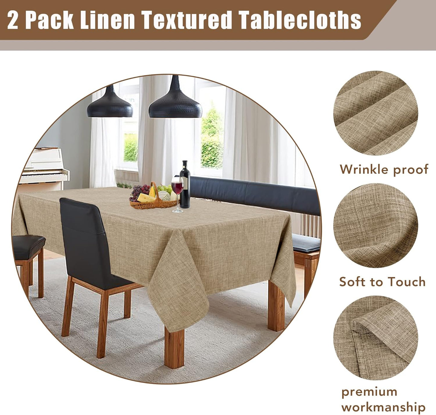 Fitable Linen Textured Tablecloths 2 Pack, Faux Burlap Rectangle Table Clothes for 6 Foot Tables, Flax Holiday Table Covers for Kitchen Dining, Outdoor Picnic, Farmhouse (Khaki, 54 x 108 Inch)