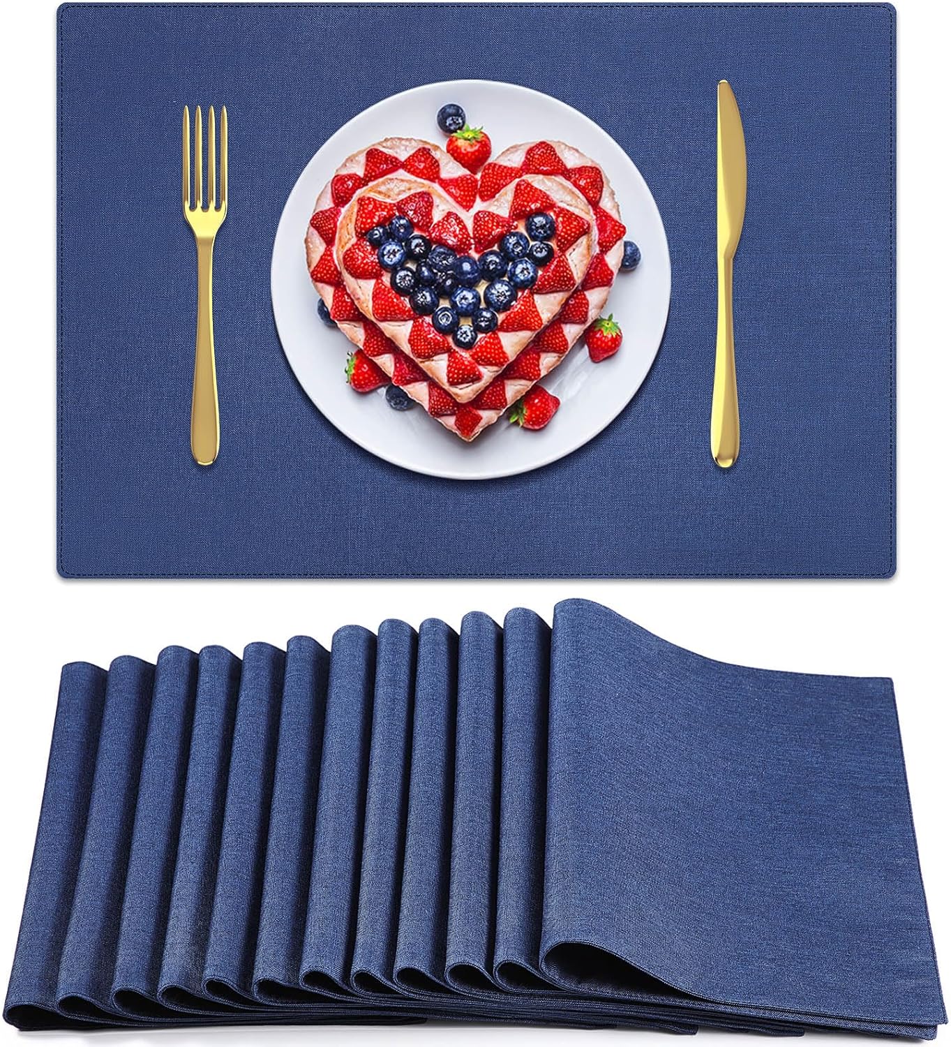 Sieral Cloth Placemats Set of 12 Rectangle Dining Table Placemats Bulk 13 x 19 Inch Machine Washable Heat Resistant Cotton Linen Table Mats for Wedding Baby Shower Birthday Party Supplies(Dark Blue)