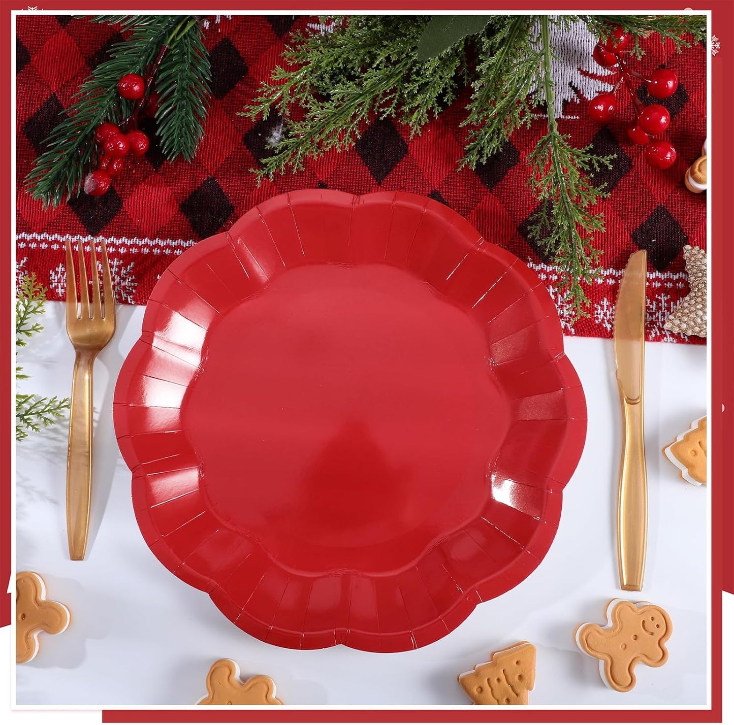 30pcs Christmas Paper Plates 9 Inch Red Scalloped Paper Plates Disposable Xmas Dinner Plate for Christmas,Weeding, Birthday, Baby Shower