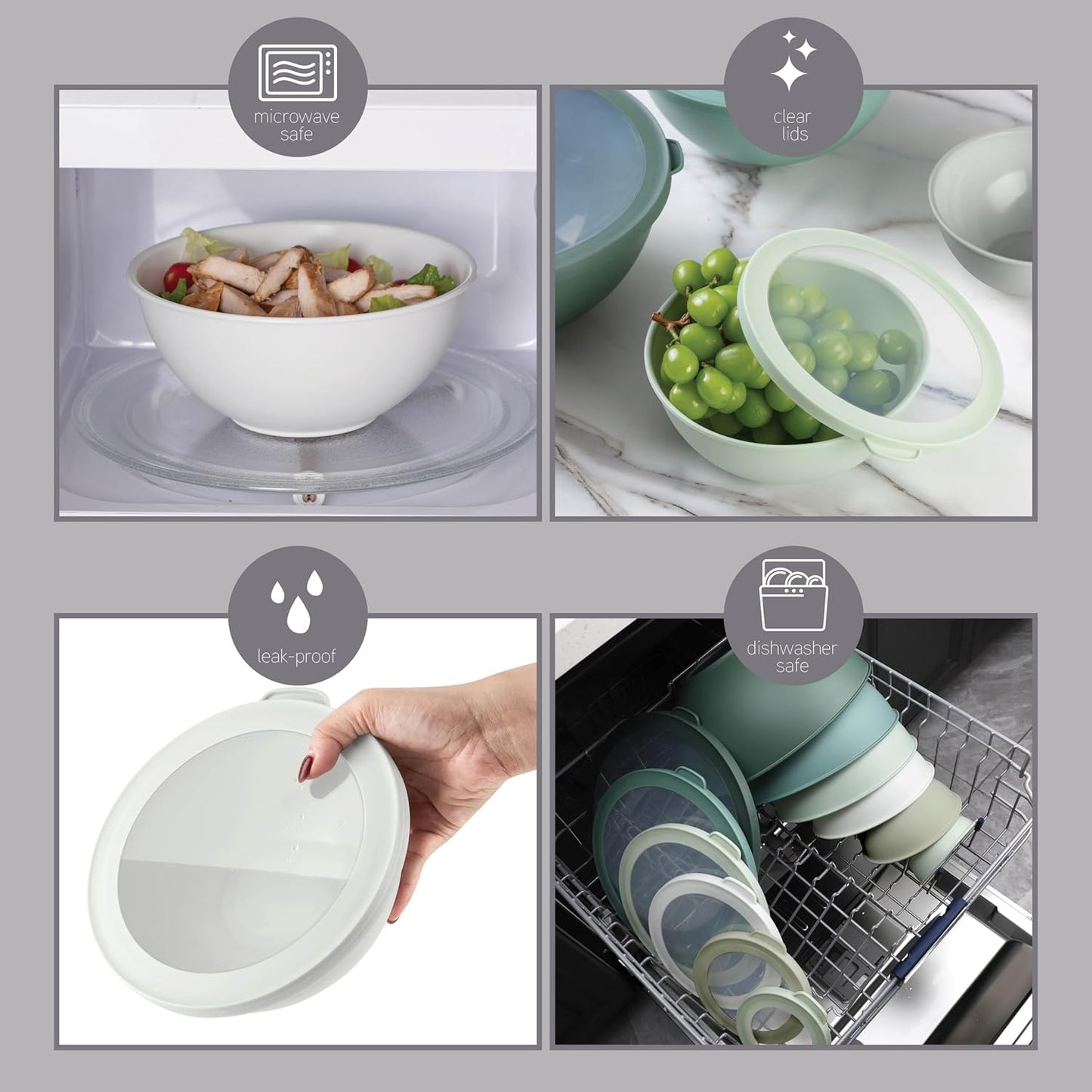 COOK WITH COLOR Mixing Bowls with TPR Lids - 12 Piece Plastic Nesting Bowls Set includes 6 Prep Bowls and 6 Lids - Microwave Safe (Sage)