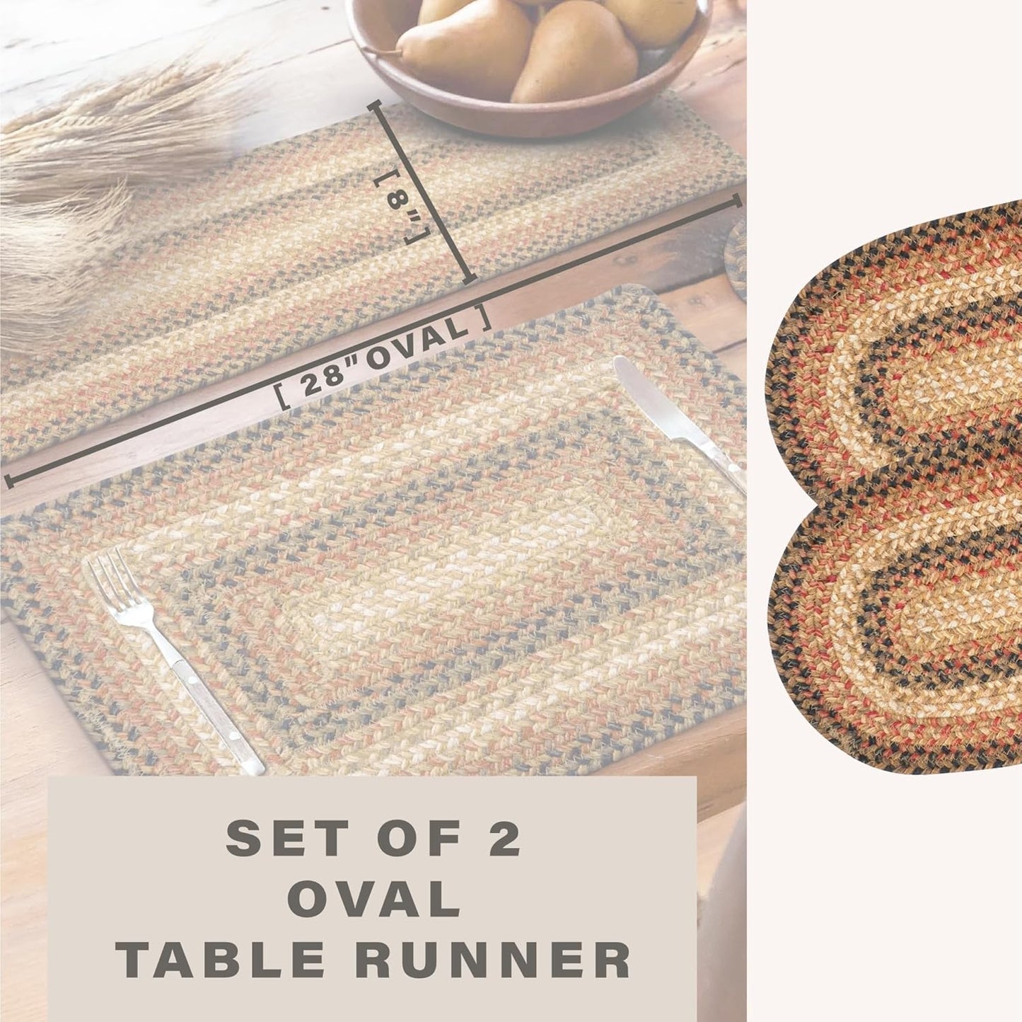 Homespice Russet Jute Braided Table Runner, Warm Country Decor, Set of 2, Multicolor Oval 8x28 - Rich Colors, Easy to Clean, Durable and Protects Furniture