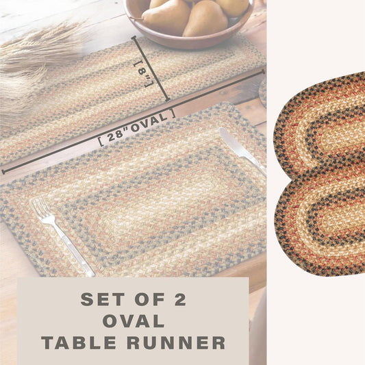 Homespice Russet Jute Braided Table Runner, Warm Country Decor, Set of 2, Multicolor Oval 8x28 - Rich Colors, Easy to Clean, Durable and Protects Furniture
