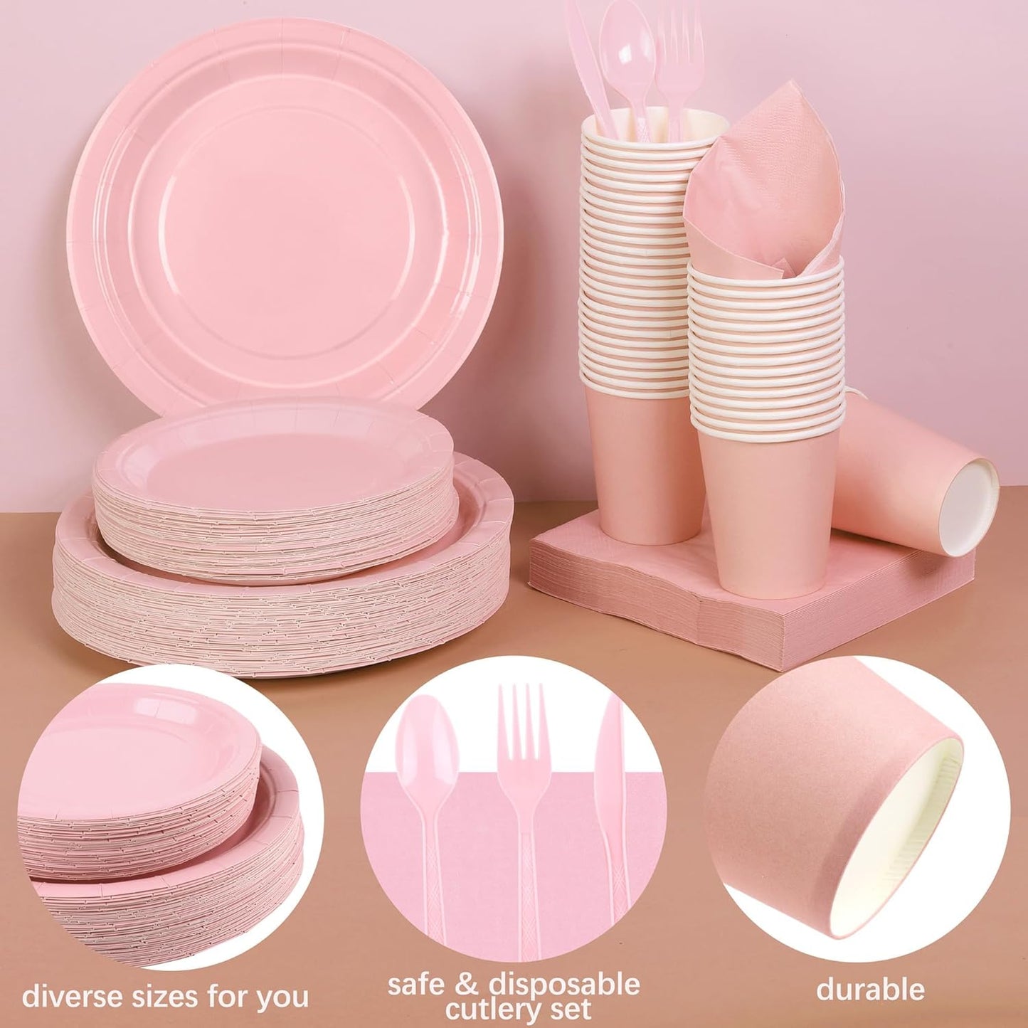 durony 350 Pieces Pink Paper Dinnerware Set 7 Inch 9 Inch Disposable Dinner Plates Sever 50 Guests Paper Cup Cutlery Napkins Solid Color Party Supplies for Birthday Wedding Party Family Picnic