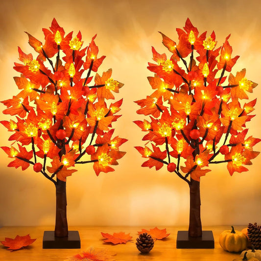 2 Pack 24 Inch Prelit Fall Maple Tree Decorations with 48 LEDs Timer Fall Battery Operated Light Up Artificial Pumpkin Acorn Lighted Maple Tree for Thanksgiving Harvest Table Home Indoor Decor