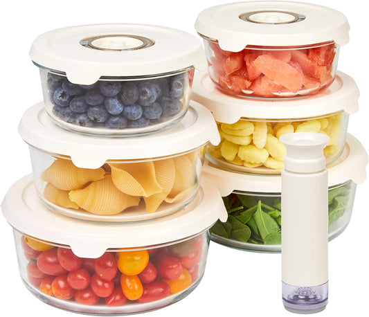 HOLDN’ STORAGE Vacuum Food Storage Containers, Set of 6 Glass Containers & Manual Pump, Keep Food Fresh Longer, BPA-Free Glass, Leak-Proof, Ideal for Meal Prep, Marinating