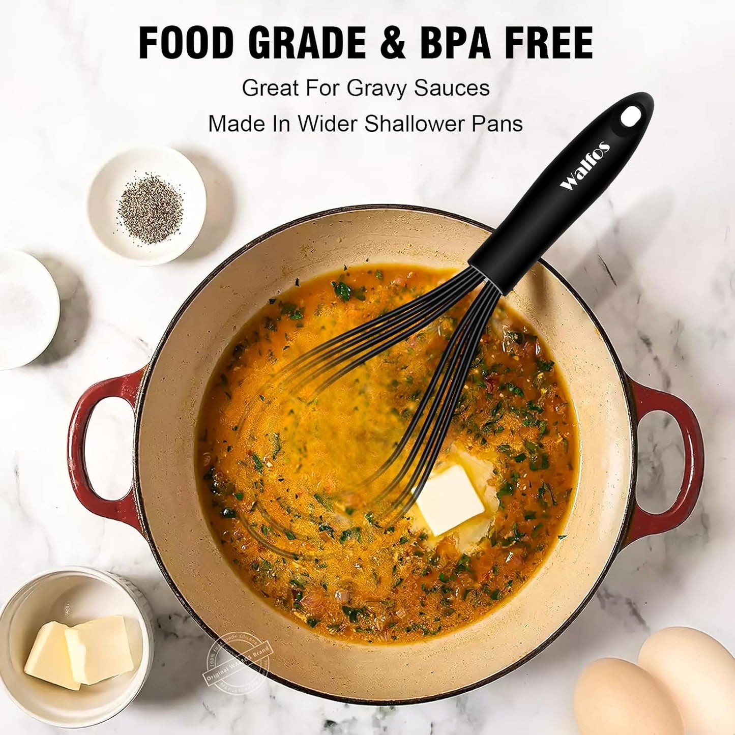 Walfos Whisk 11inch Flat Whisks and 10inch Balloon Whisk Combo,Silicone whisks for cooking,Non Scratch Coated Wisk,Suitable for Ceramic Coated pans and Wider shallower pots.(2pcs black)