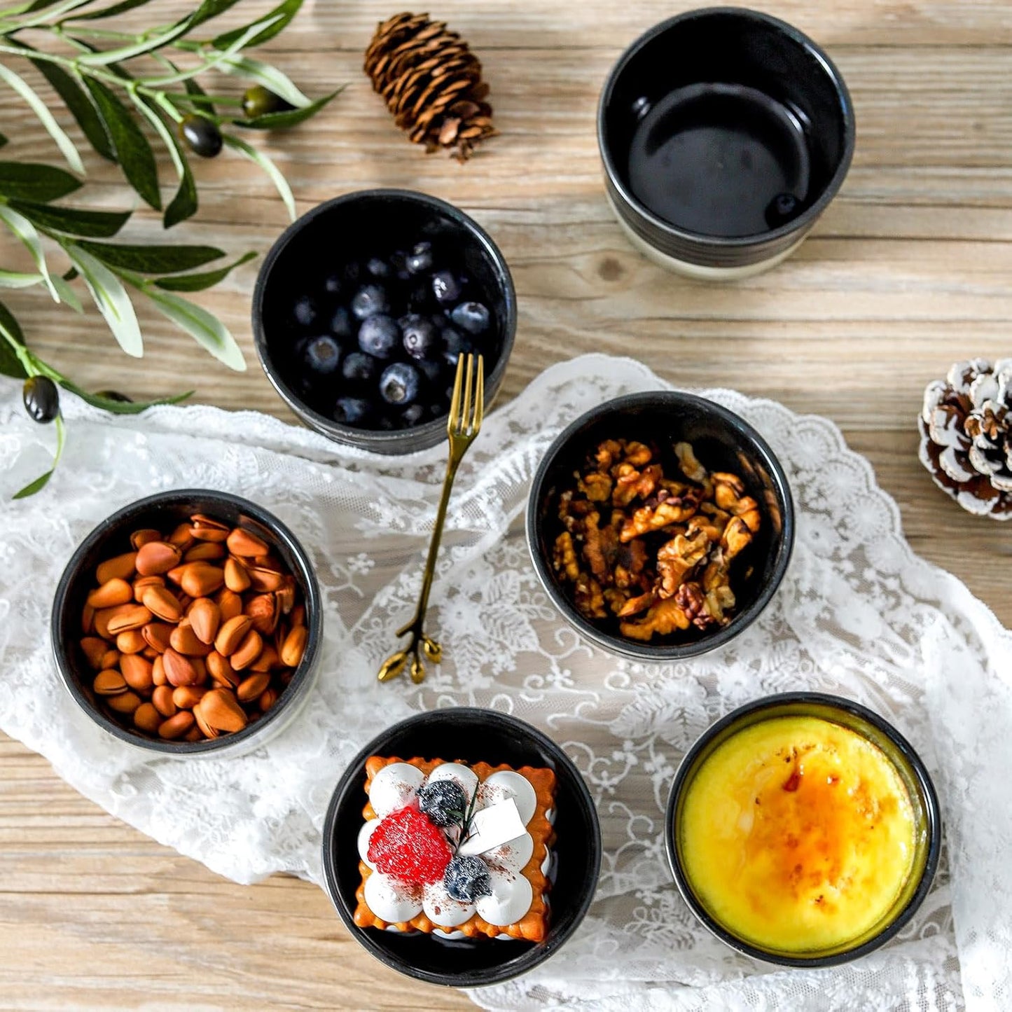 Ramekins 8 OZ Oven Safe,Set of 6 Ceramic Creme Brulee Ramekins,Mini Dessert Bowls for Souffle,Dipping Sauce,Ice Cream,Pudding and Charcuterie,Microwave & Oven Safe,Patchwork Black