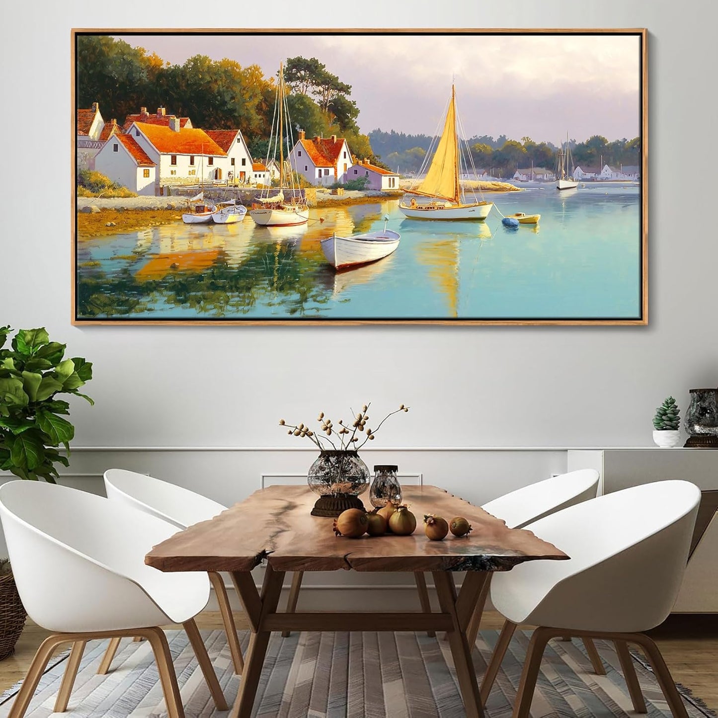 AJAZIKO Coastal Wall Art - Rustic Ocean & boat Canvas Art for Living Room & Bedroom Decor - Framed Landscape Artwork for Walls - Italian Farmhouse & Country Wall Decor Print Pictures29x58IN