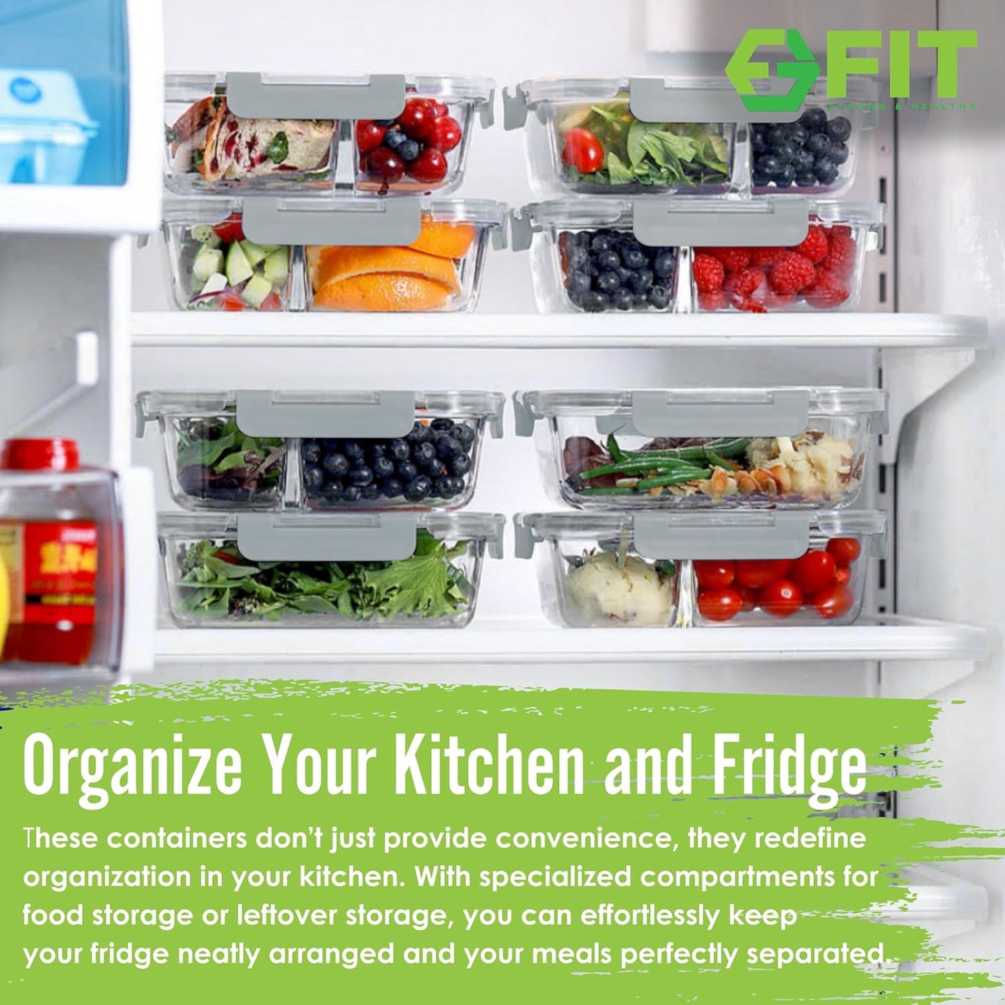 FIT Strong & Healthy 2 and 3 Compartment Glass Meal Prep Containers – Glass Bento Box for Adults, Portion Control, Food Storage, Lunch Container, Oven & Freezer Safe, Leak-Proof, 32 oz, Gray, 4 Pack