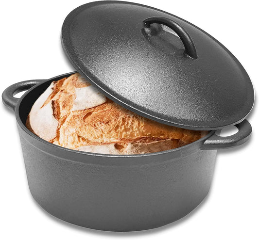 Cuisiland 5 Quart Pre-Seasoned Cast Iron Dutch Oven with Dome Lid & Dual Handles, Heavy-Duty, Oven Safe, Perfect for Baking Bread, Cooking Soup, Frying – Ideal for Indoor/Outdoor Use, Camping, BBQ & Fire Pit Cooking