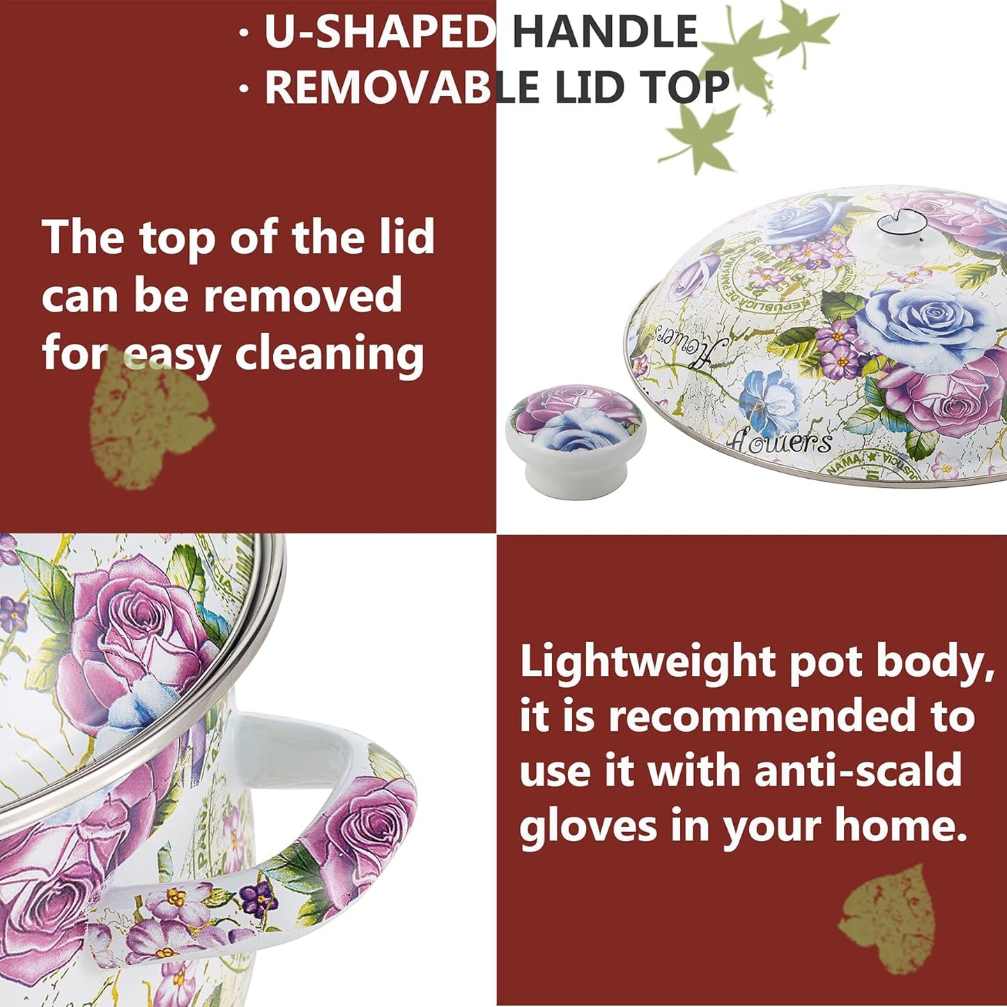 Retro Flower Enamel Stockpot with Lid,Stockpots for Cooking (5L-Blue Rose)