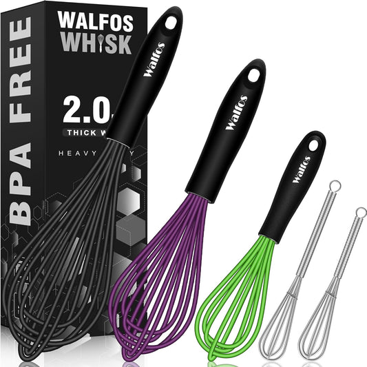 Walfos Whisks,Silicone Whisk Non Scratch,Whisks for Cooking,BPA free and Dishwasher Safe.Nice for Mixing and Beating.5pcs whisk set (5+7in mini whisk +7+9+11in balloon whisk)
