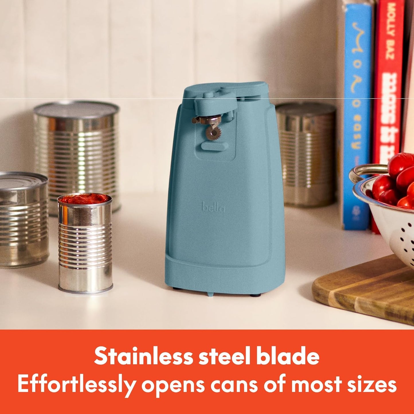 bella Electric Can Opener and Knife Sharpener, Multifunctional Jar and Bottle Opener with Removable Cutting Lever and Cord Storage, Stainless Steel Blade, Surf