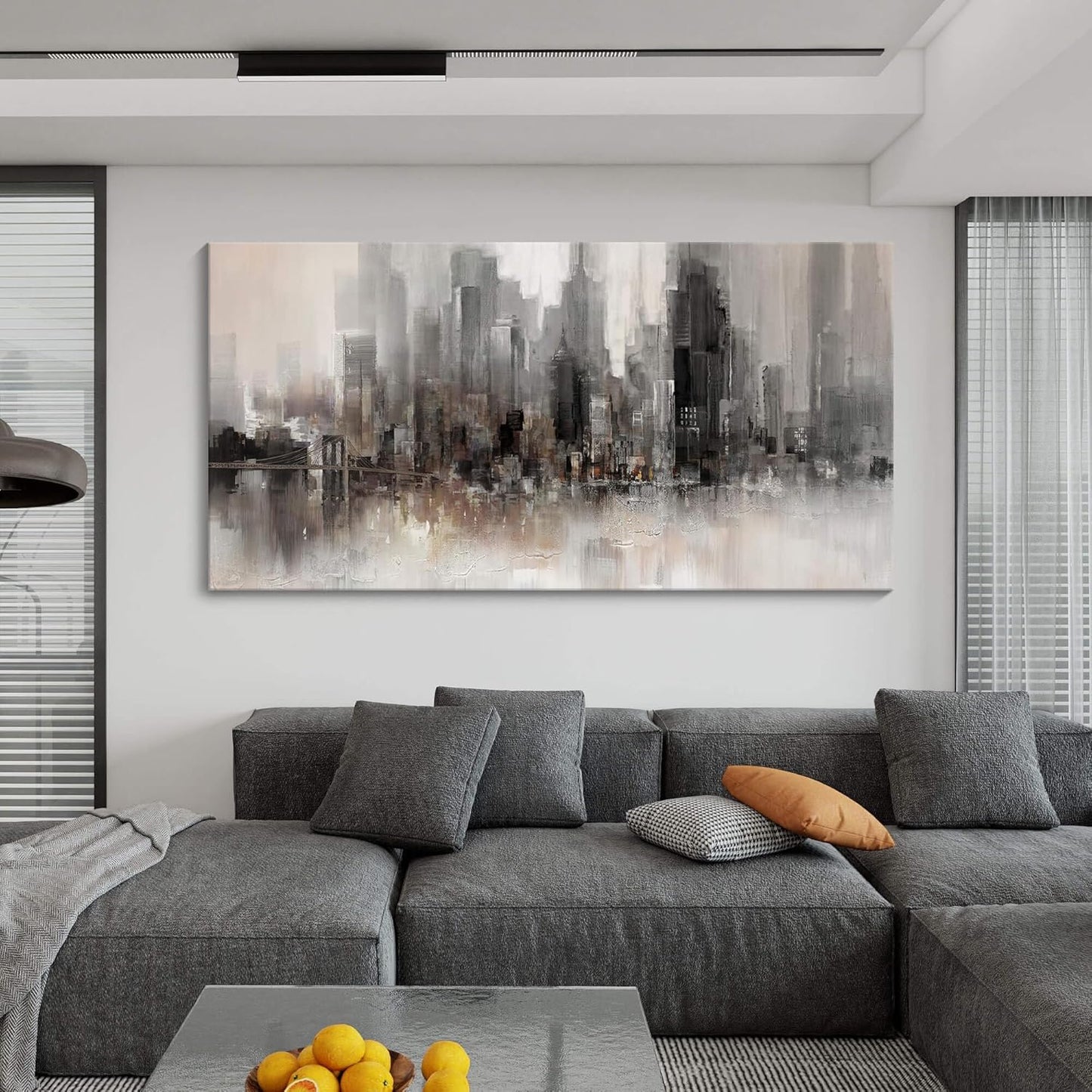 Cityscape Wall Art New York City Skyline Buildings Picture Modern Abstract Grey NYC Skyline Painting Framed Artwork for Bedroom Living Room Bathroom Home Office Decor29×58IN