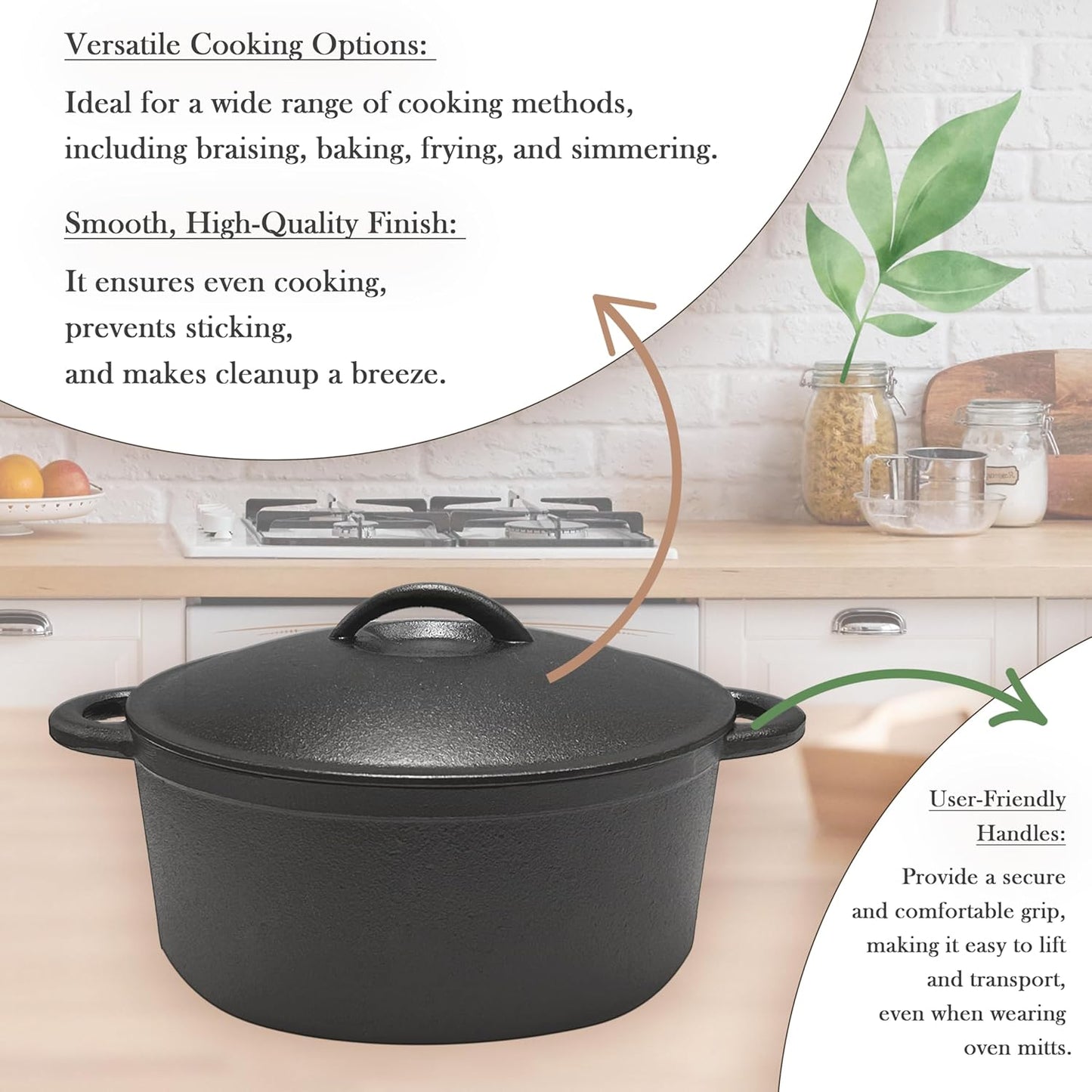 Cuisiland 5 Quart Pre-Seasoned Cast Iron Dutch Oven with Dome Lid & Dual Handles, Heavy-Duty, Oven Safe, Perfect for Baking Bread, Cooking Soup, Frying – Ideal for Indoor/Outdoor Use, Camping, BBQ & Fire Pit Cooking