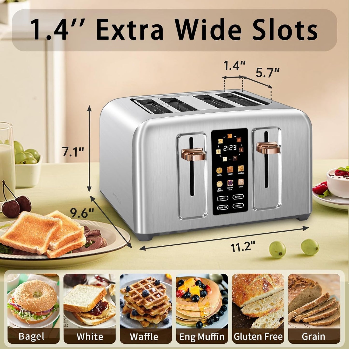 SEEDEEM Toaster 4 Slice, Full Touch control Toaster, LCD Display, 6 Bread Type, 7 Shade Settings, 1.4''Wide Slots，More Time Function, Removable Crumb Tray, 1800W, Silver Metallic