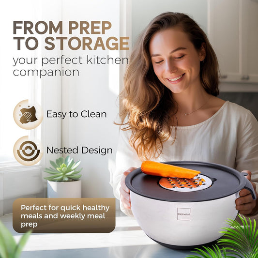 Stainless Steel Mixing Bowls Set of 5, Large Nesting Bowls with Airtight Lids for Food Prep, Cooking, Baking, Salad, and Outdoor Dining (Black, 5 Pcs)