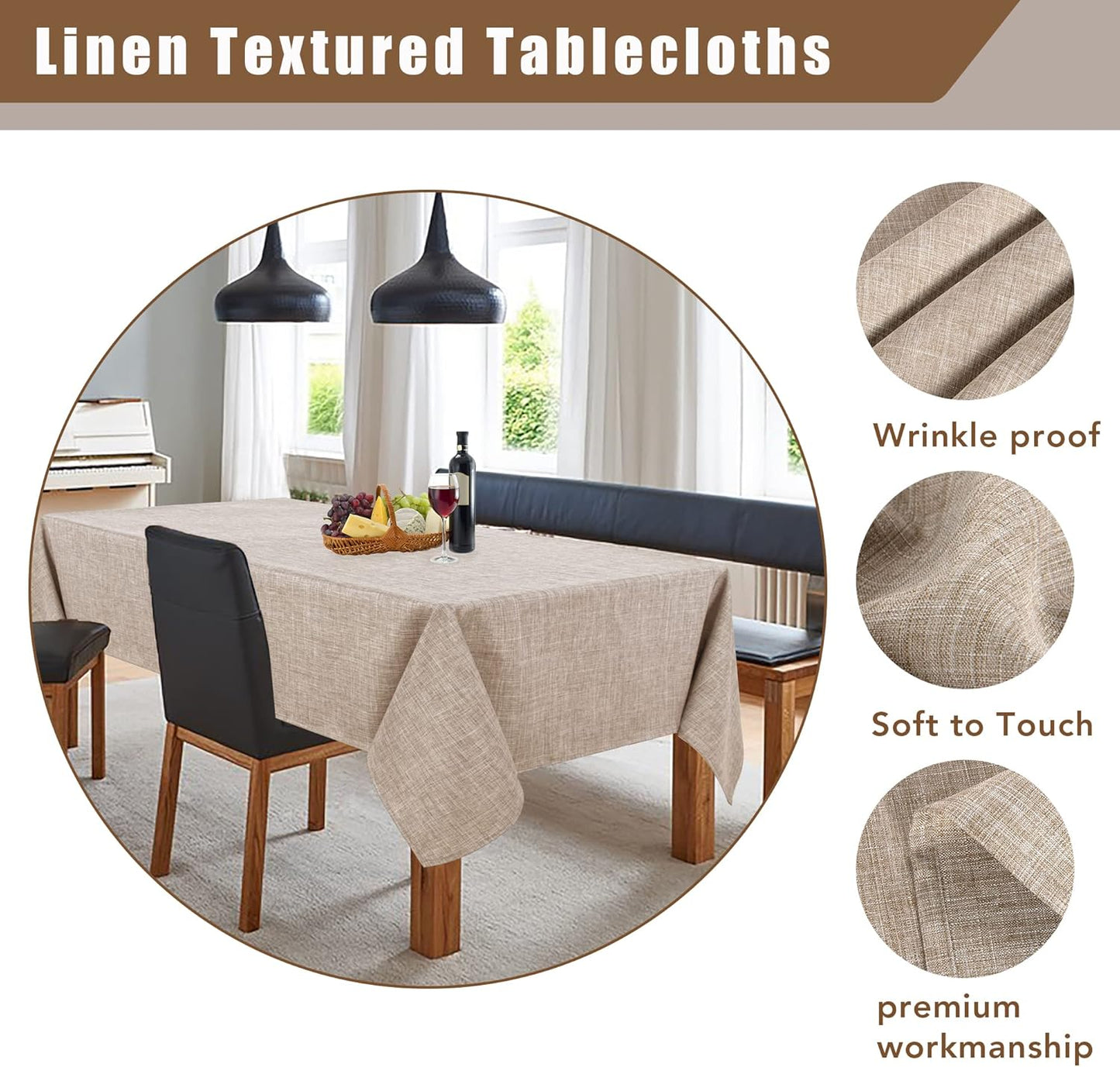 Fitable Faux Linen Tablecloth Rectangle 60 x 102 Inch - Rustic Fabric Table Cloth for 6 Foot Tables, Nature Faux Burlap Table Cover for Kitchen Dining, Party, Farmhouse